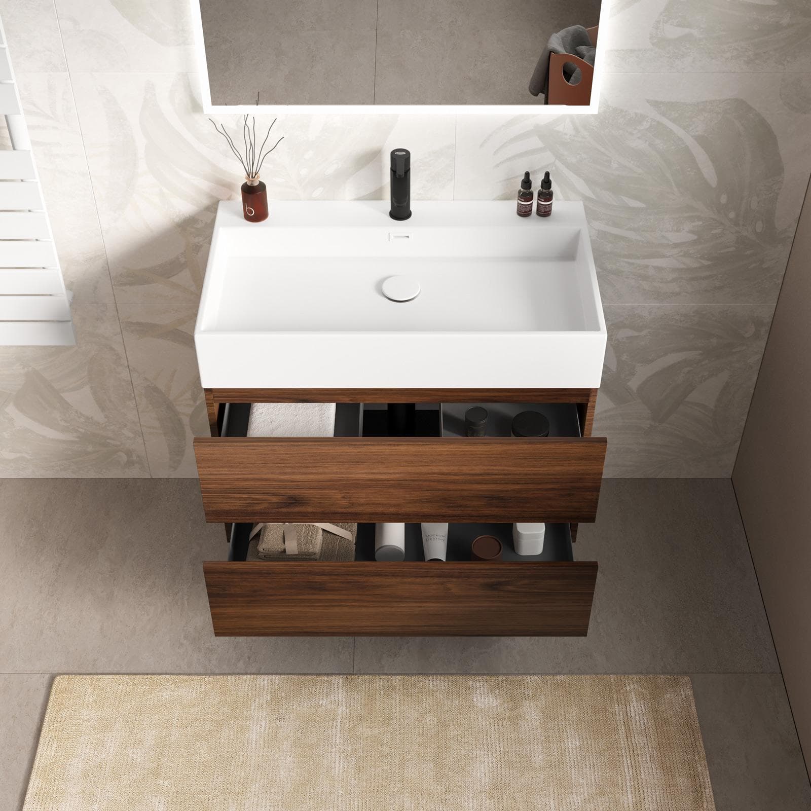 Mobile bagno sospeso 80 cm a due cassetti rovere deciso opaco con lavabo integrato e specchio - Cuki