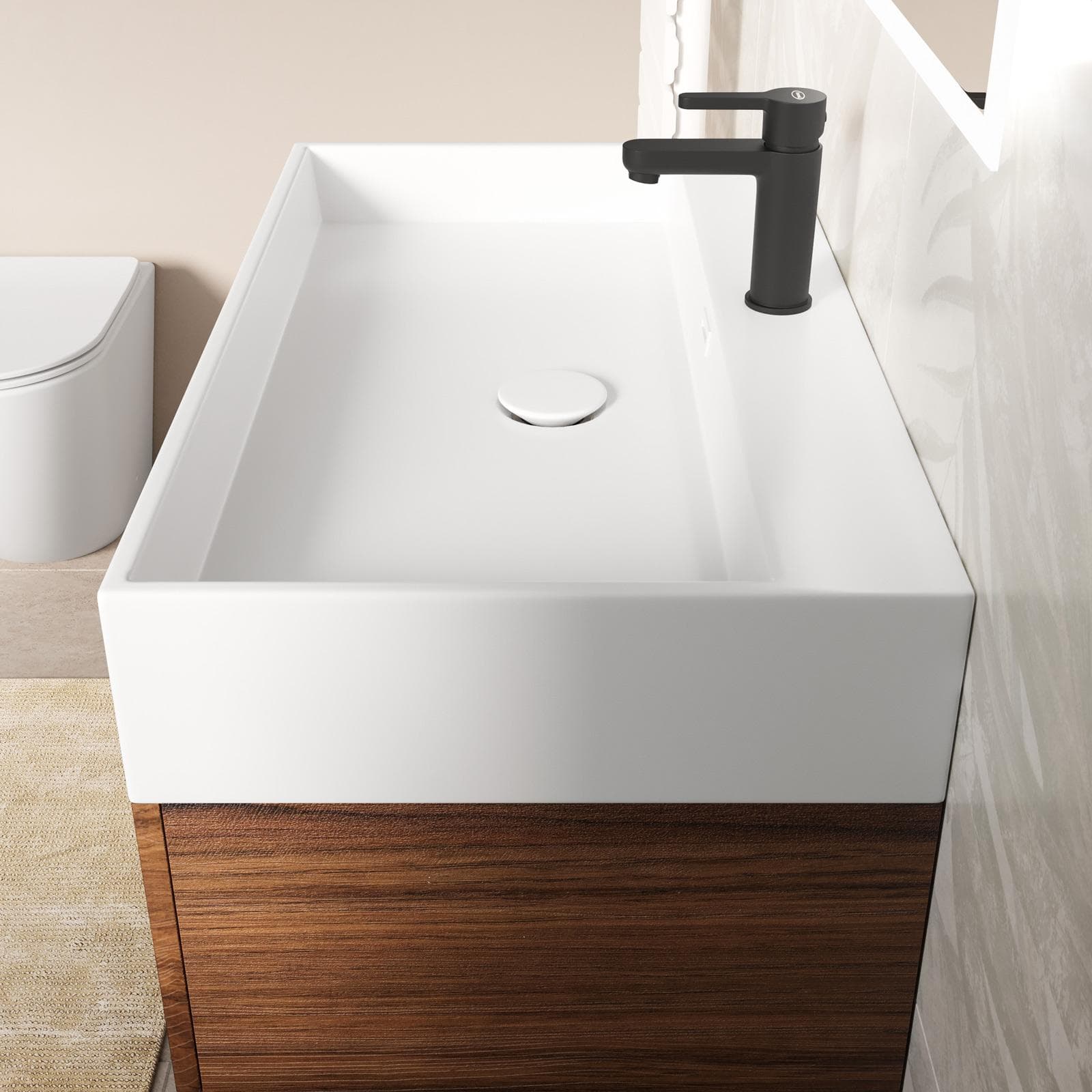 Mobile bagno sospeso 80 cm a due cassetti rovere deciso opaco con lavabo integrato e specchio - Cuki