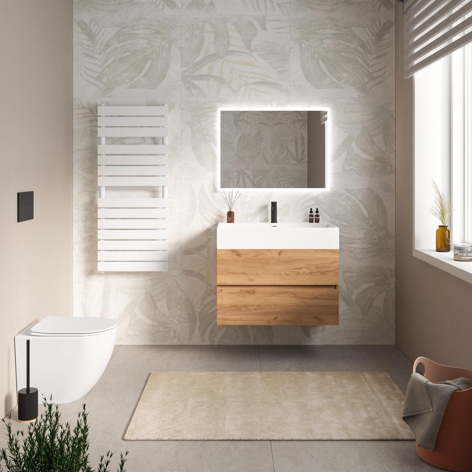 Mobile bagno sospeso 80 cm a due cassetti rovere gold con lavabo integrato e specchio - Cuki