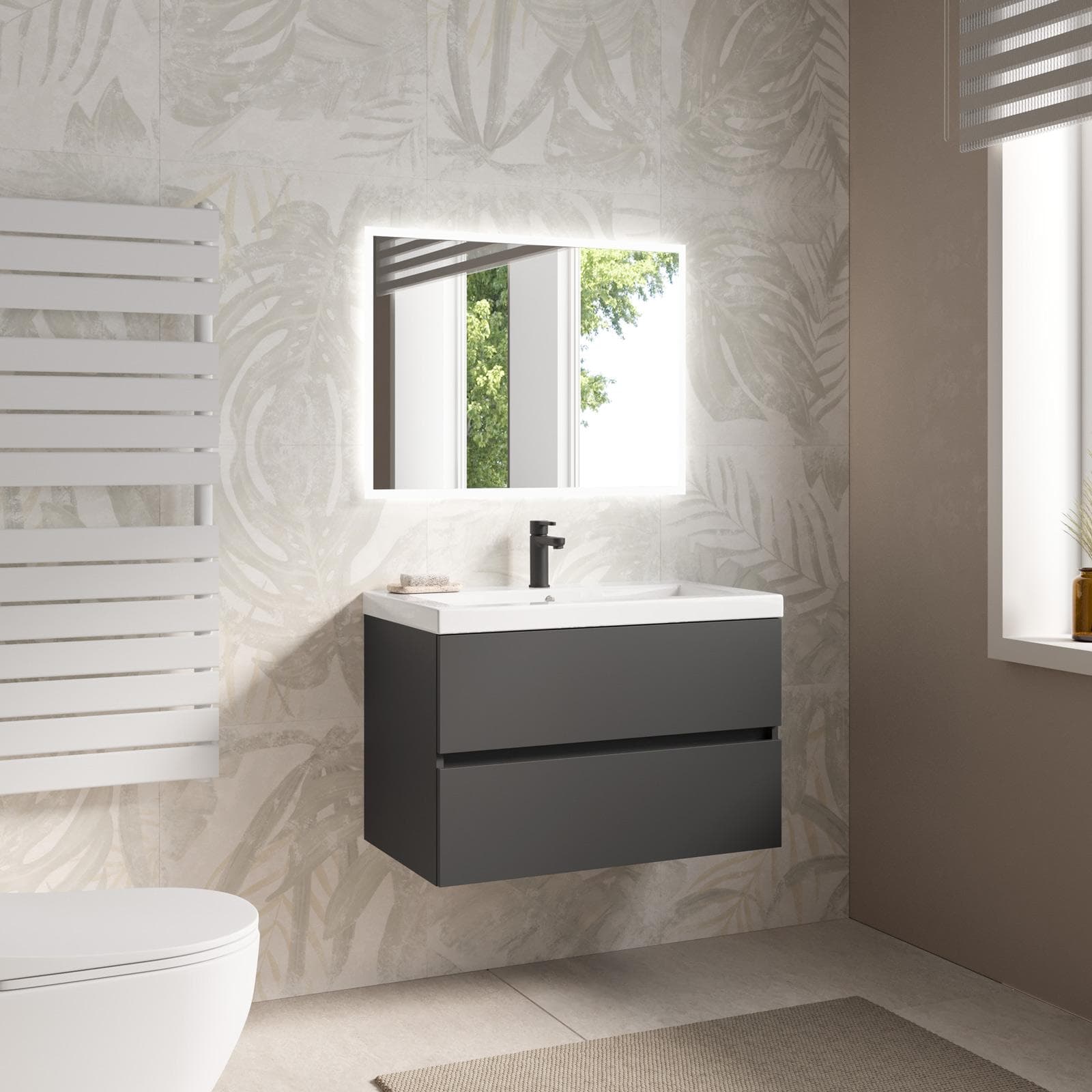 Mobile bagno sospeso 80 cm antracite con 2 cassetti e lavabo in resina con specchio - Cuki