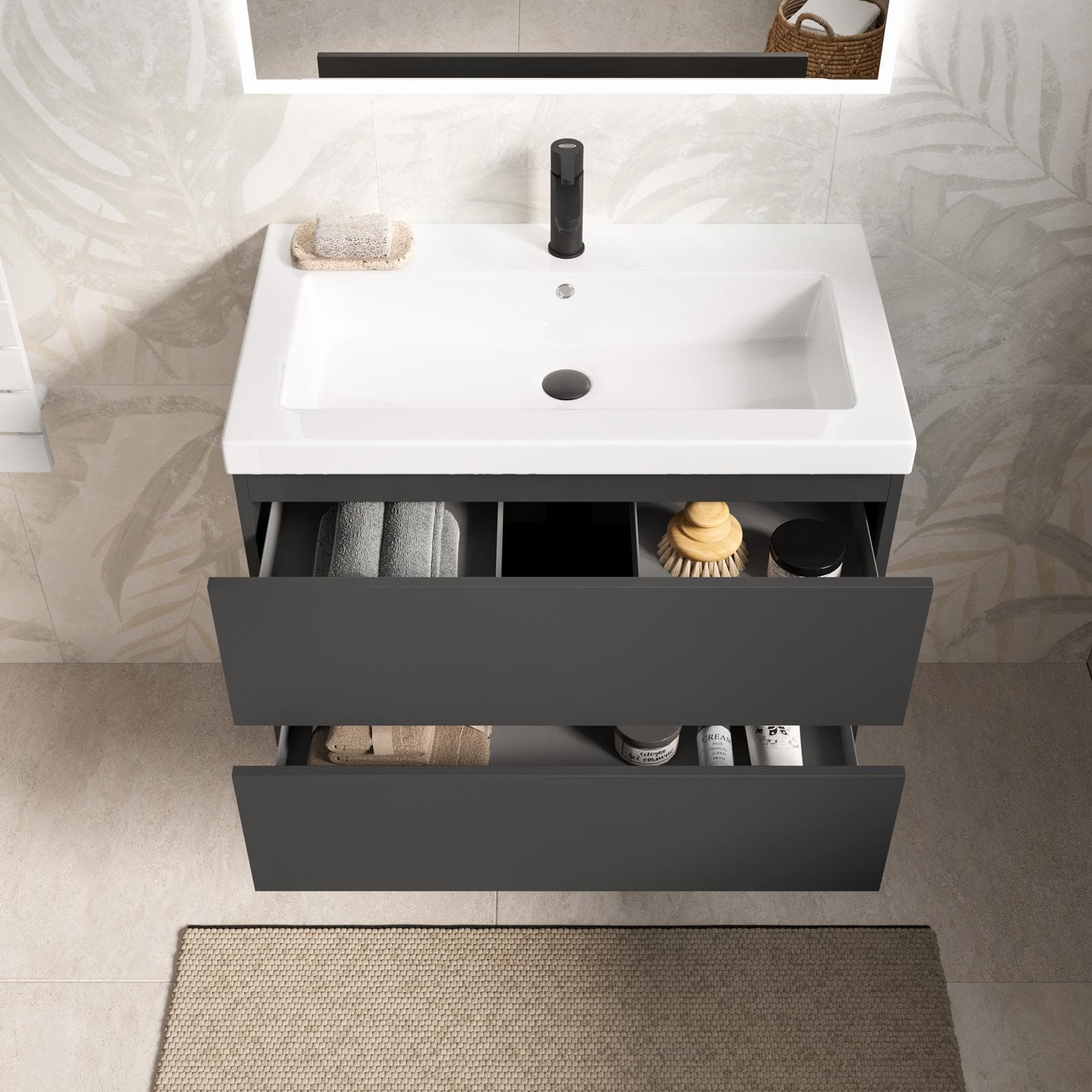 Mobile bagno sospeso 80 cm antracite con 2 cassetti e lavabo in resina con specchio - Cuki
