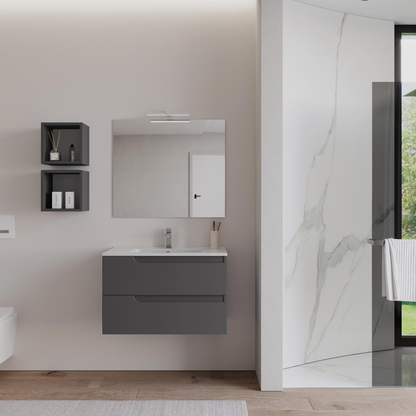 Mobile bagno sospeso 80 cm antracite con lavabo e specchio - Agave Plus