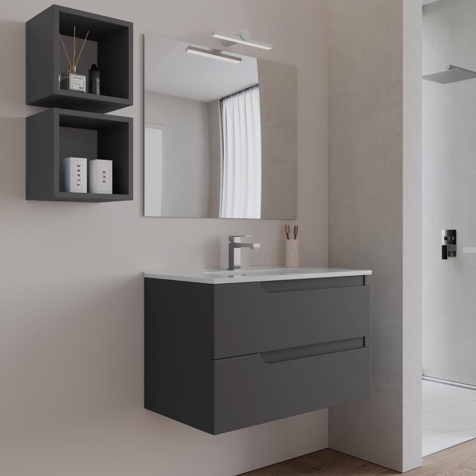 Mobile bagno sospeso 80 cm antracite con lavabo e specchio - Agave Plus