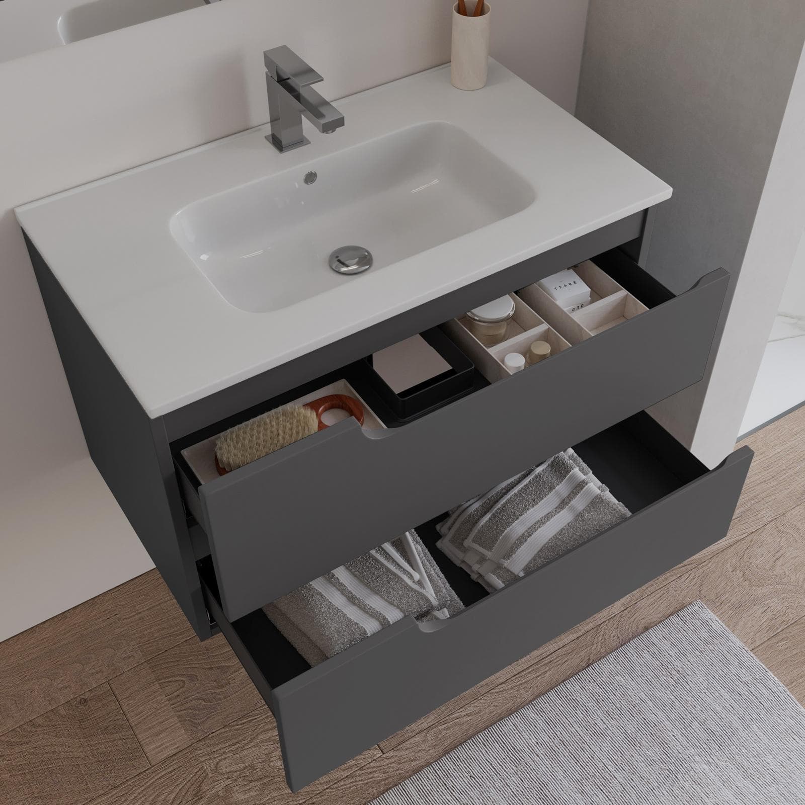 Mobile bagno sospeso 80 cm antracite con lavabo e specchio - Agave Plus