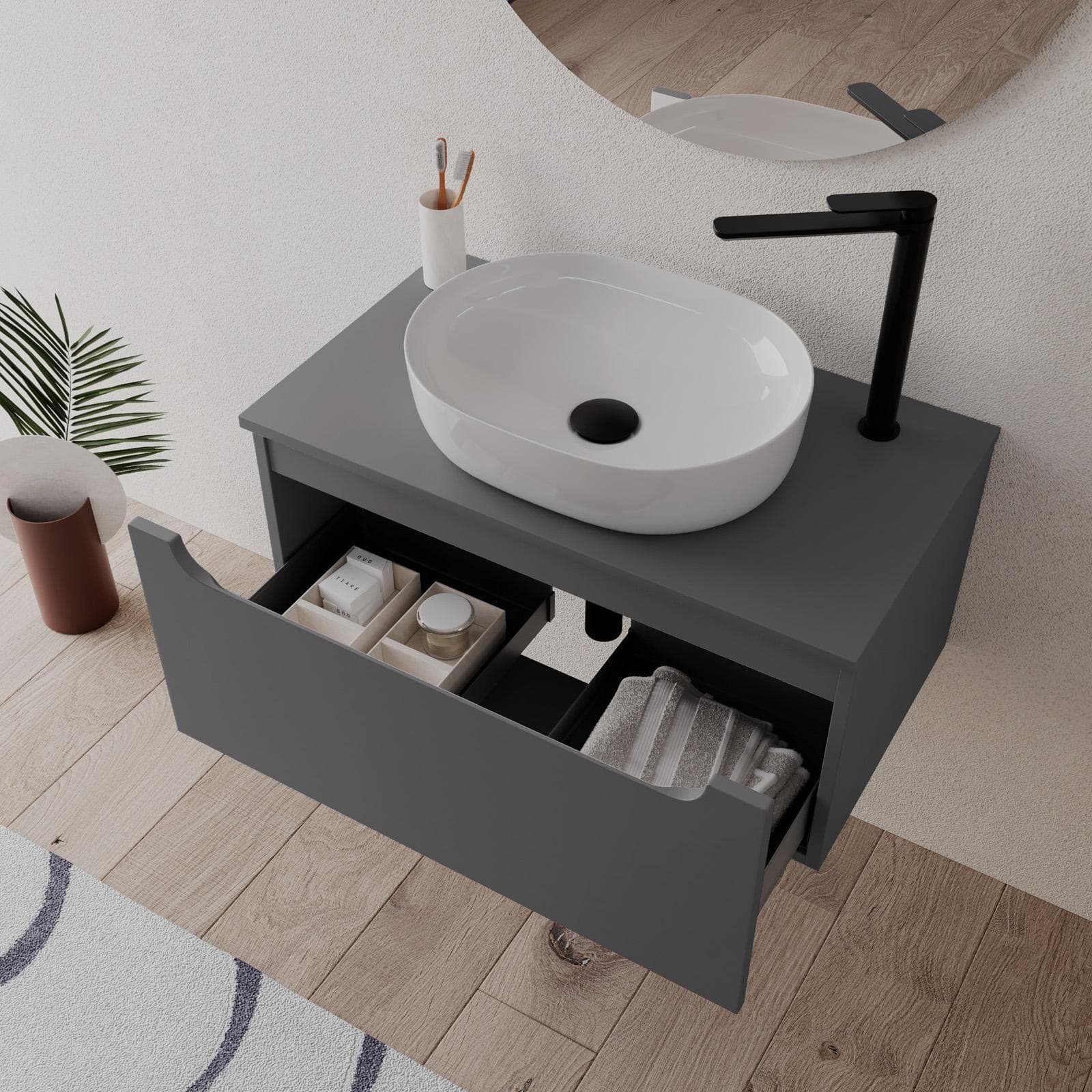 Mobile bagno sospeso 80 cm antracite con top e specchio - Sleek