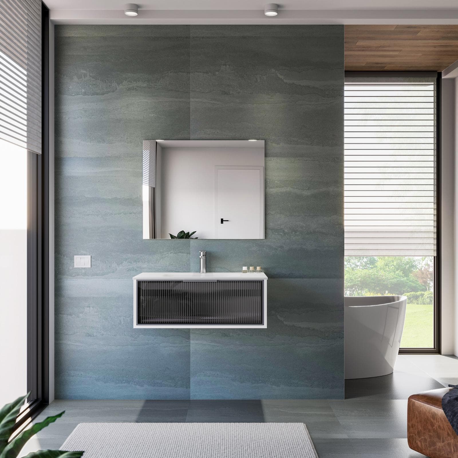 Mobile bagno sospeso 80 cm bianco con frontale in vetro lavabo integrato e specchio - Laila