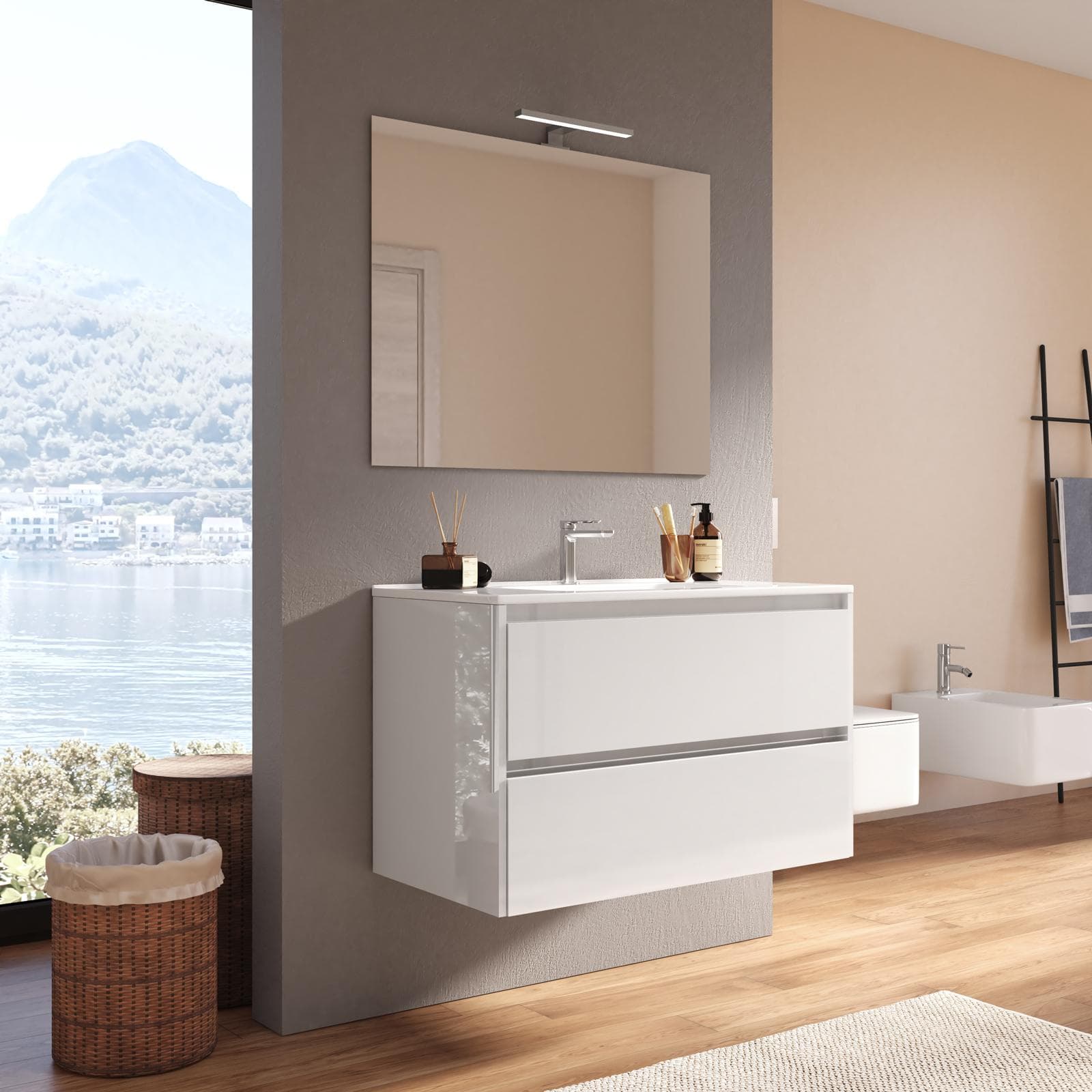 Mobile bagno sospeso 80 cm bianco lucido con cassetti e lavabo con specchio - Medora