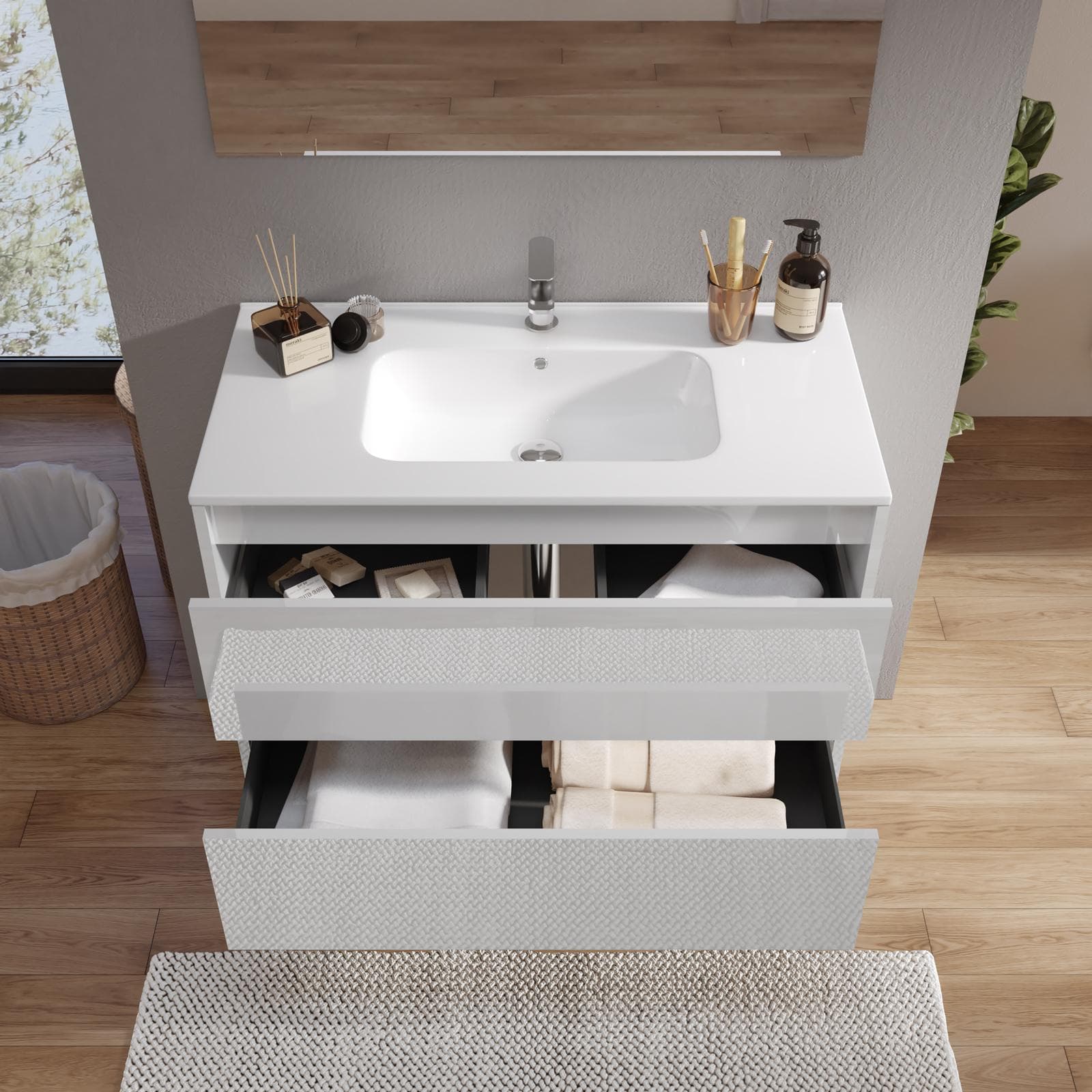Mobile bagno sospeso 80 cm bianco lucido con cassetti e lavabo con specchio - Medora