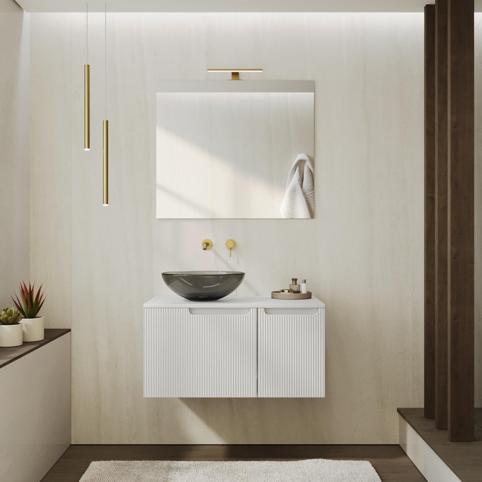 Mobile bagno sospeso 80 cm bianco opaco cannettato con top e specchio - Konai