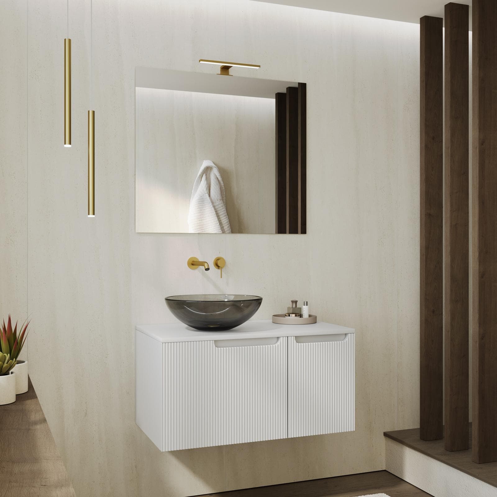 Mobile bagno sospeso 80 cm bianco opaco cannettato con top e specchio - Konai