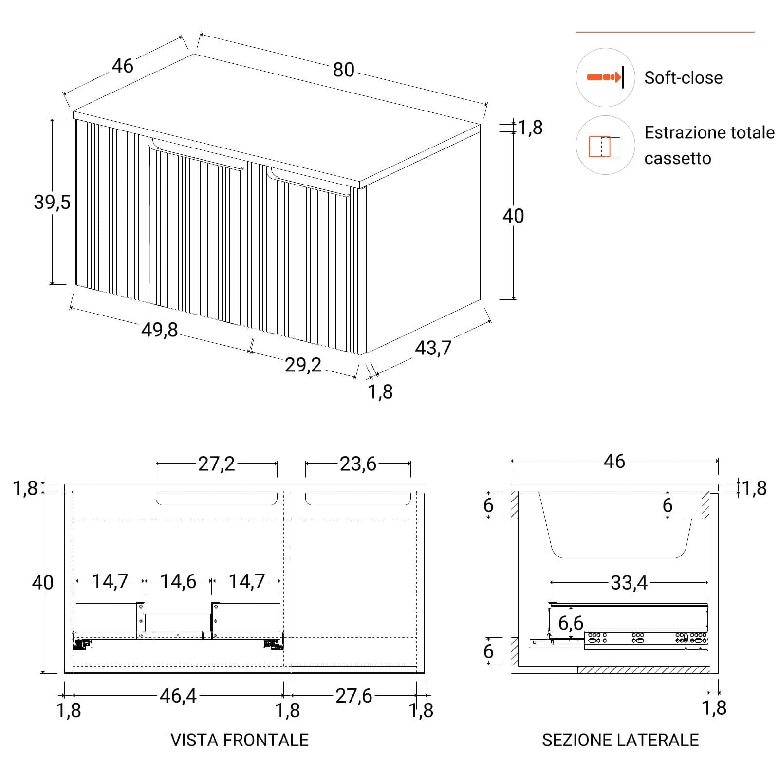 Mobile bagno sospeso 80 cm bianco opaco cannettato con top e specchio - Konai