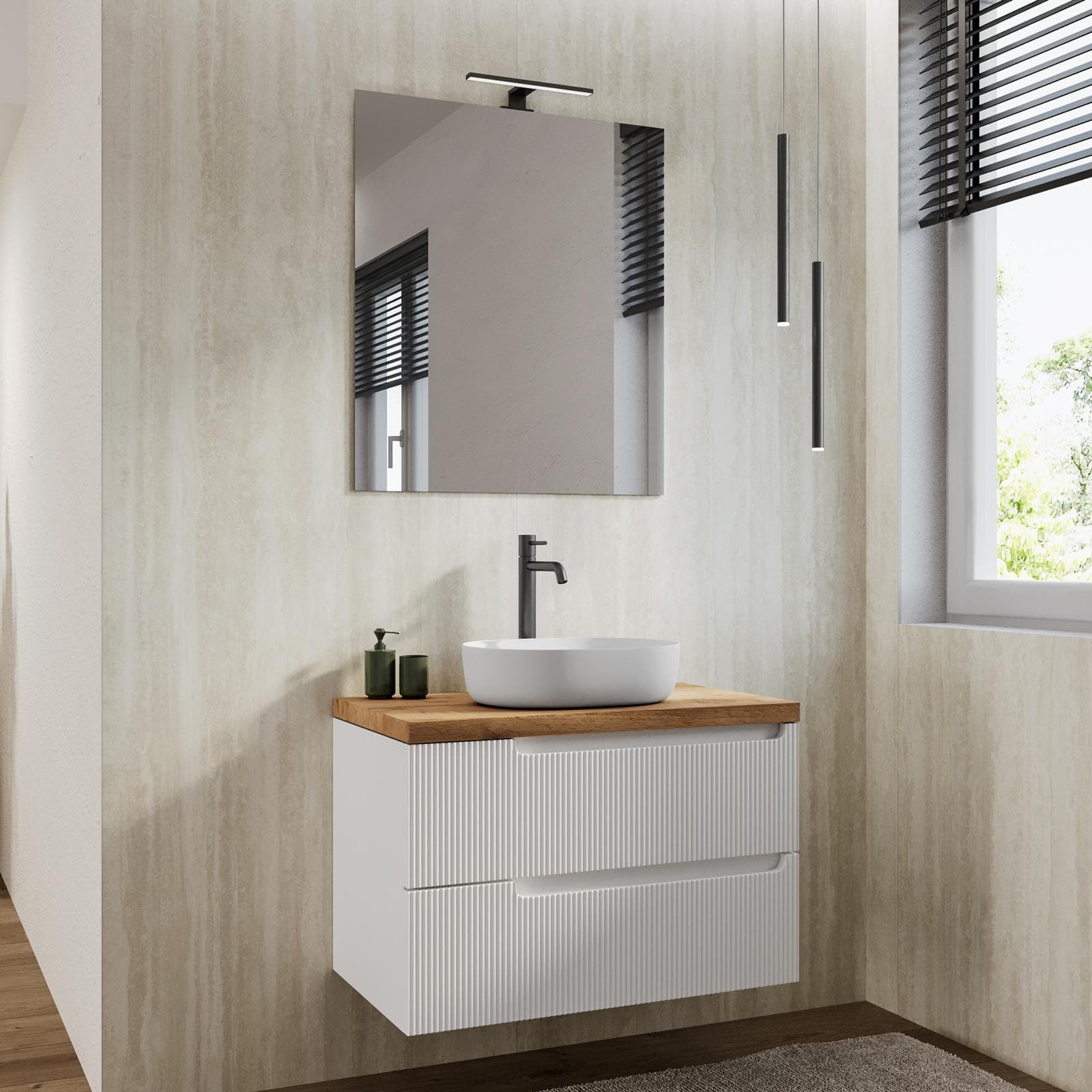 Mobile bagno sospeso 80 cm bianco opaco cannettato con top rovere gold e specchio - Konai plus