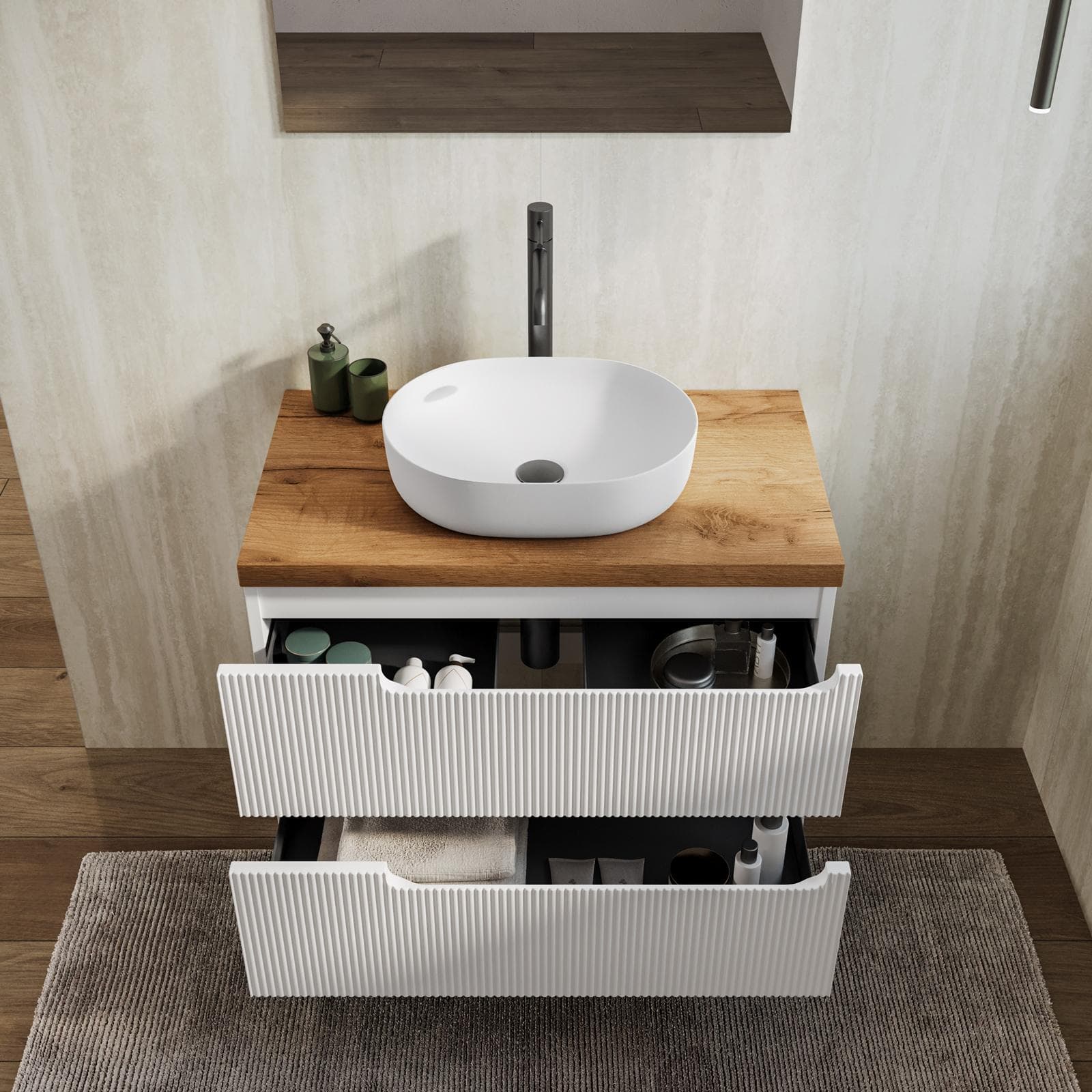 Mobile bagno sospeso 80 cm bianco opaco cannettato con top rovere gold e specchio - Konai plus