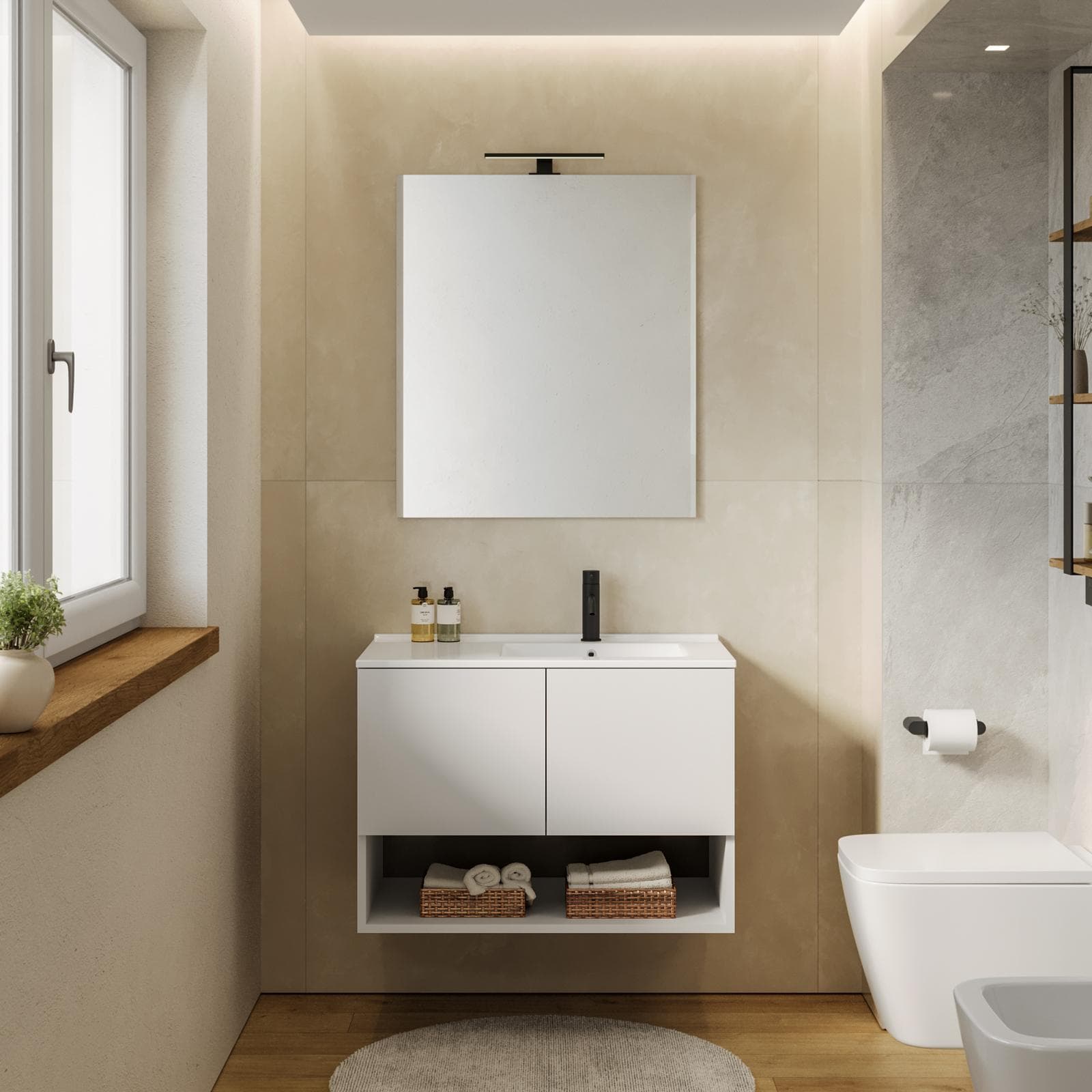 Mobile bagno sospeso 80 cm bianco opaco con lavabo dx e specchio - Lion