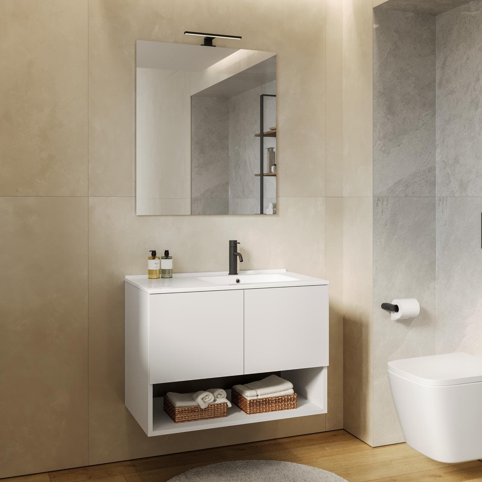Mobile bagno sospeso 80 cm bianco opaco con lavabo dx e specchio - Lion