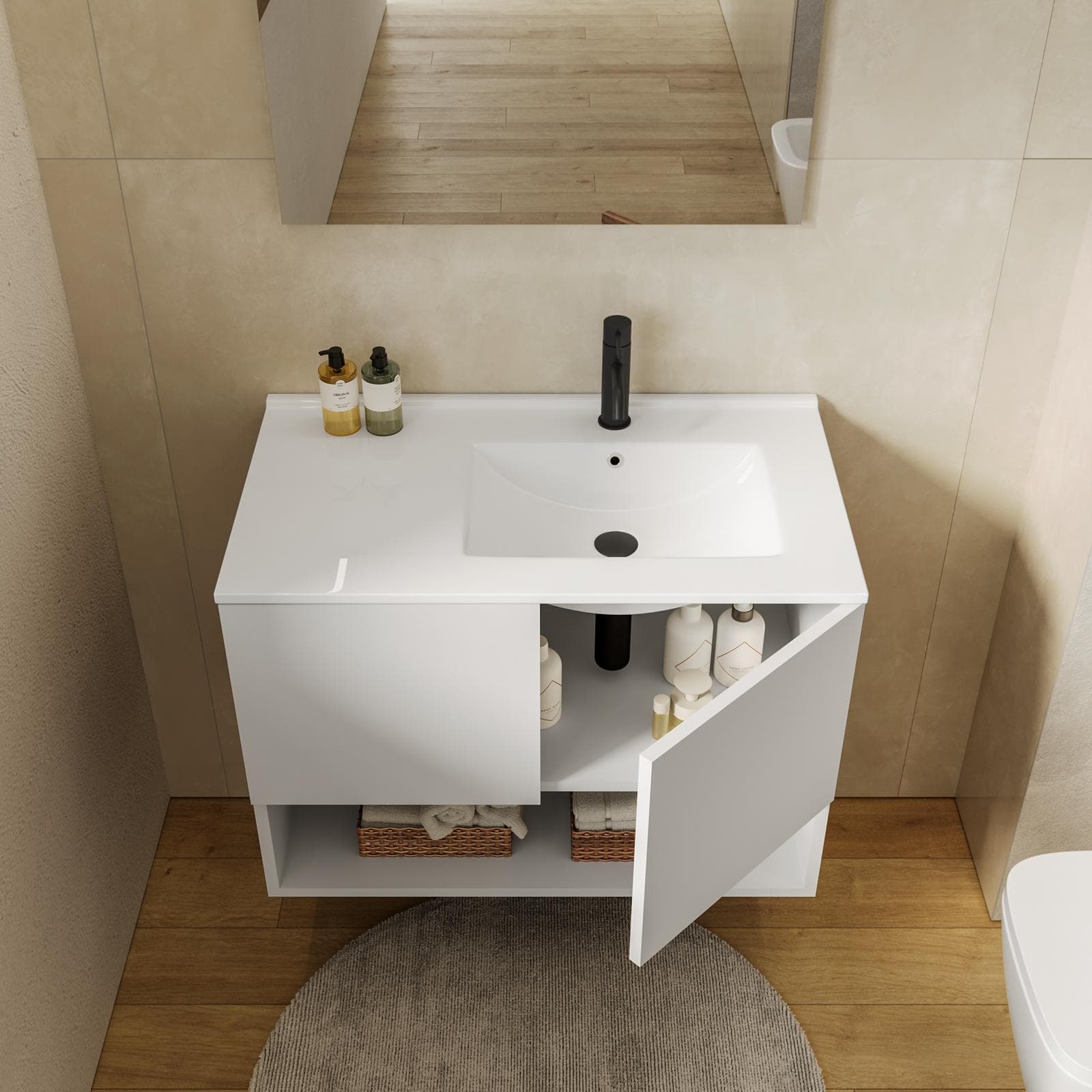 Mobile bagno sospeso 80 cm bianco opaco con lavabo dx e specchio - Lion