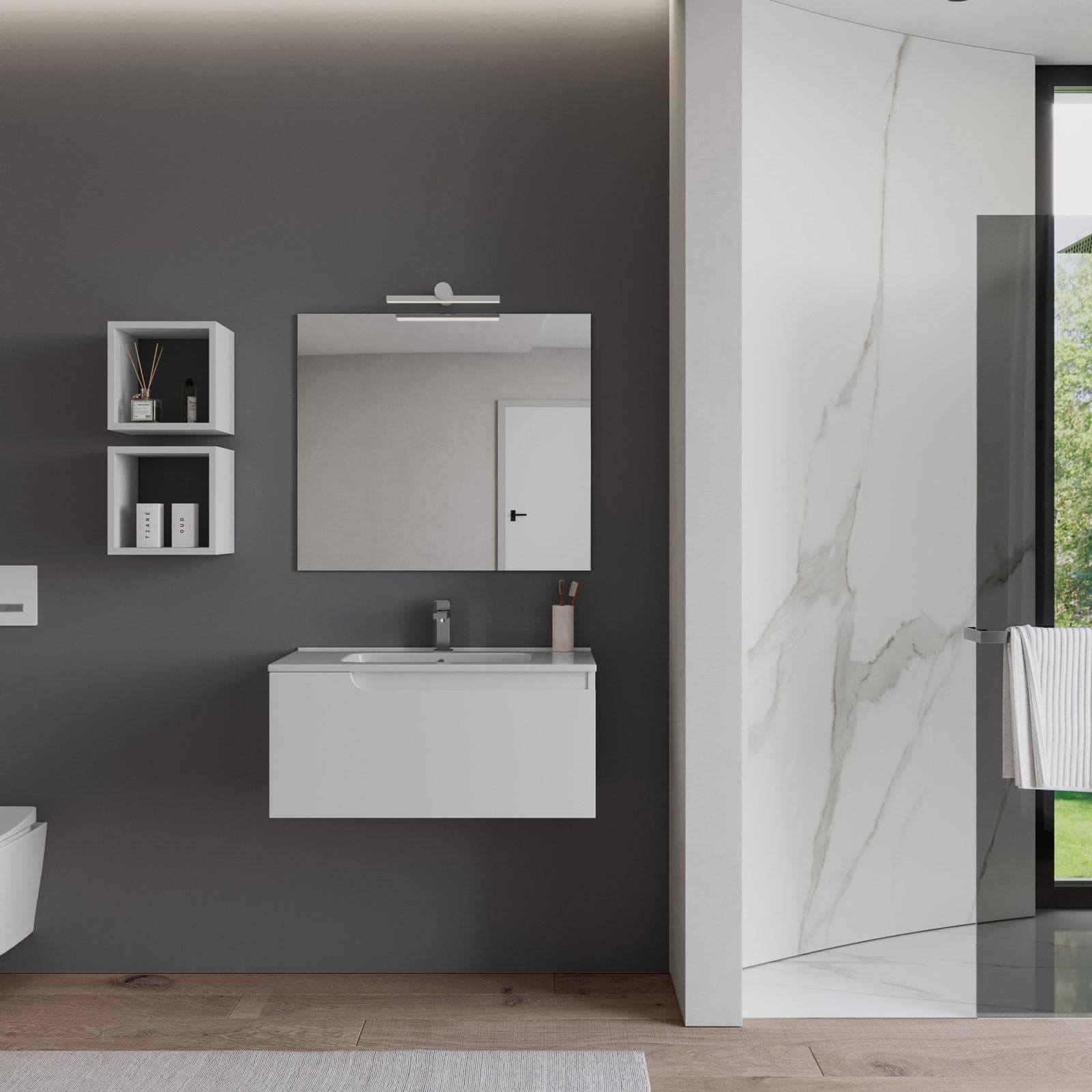 Mobile bagno sospeso 80 cm bianco opaco con lavabo e specchio - Agave