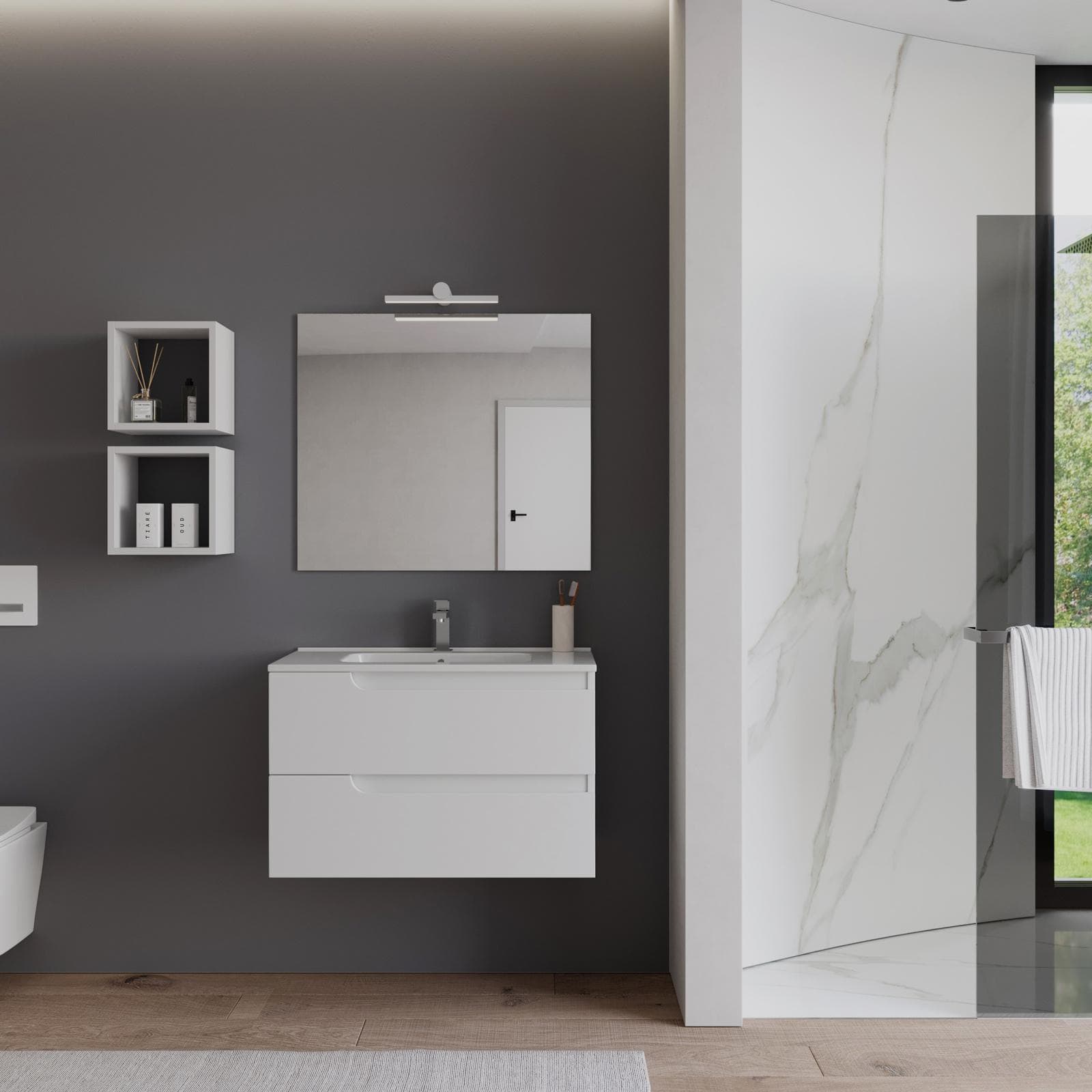 Mobile bagno sospeso 80 cm bianco opaco con lavabo e specchio - Agave Plus