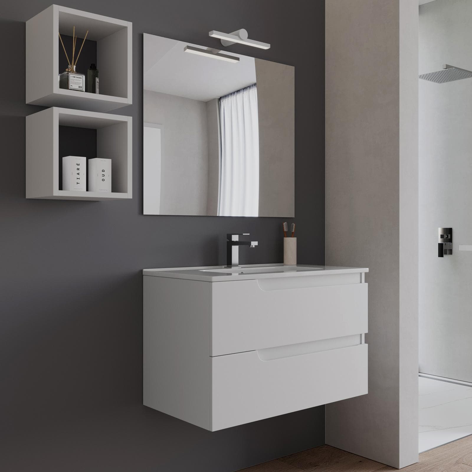 Mobile bagno sospeso 80 cm bianco opaco con lavabo e specchio - Agave Plus