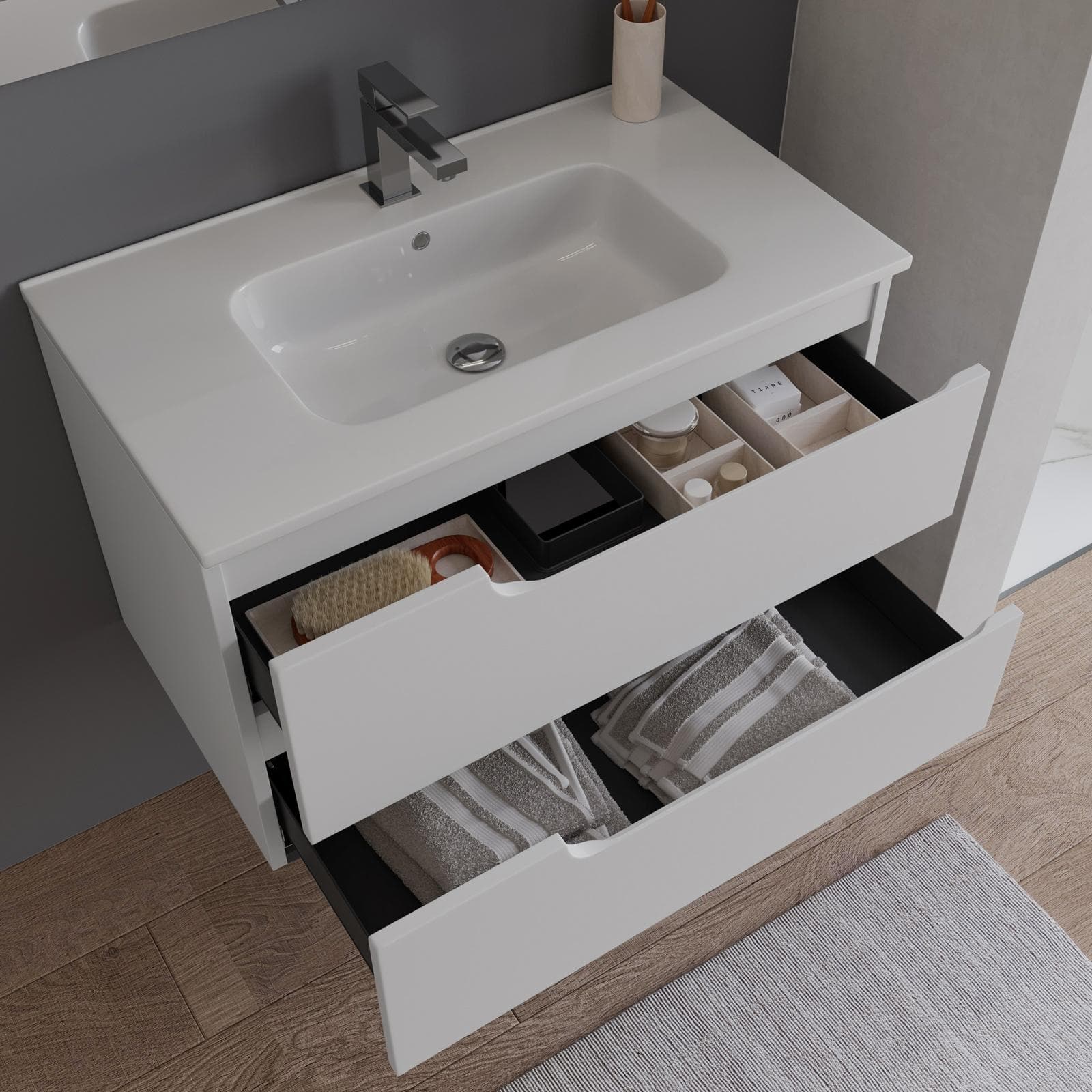 Mobile bagno sospeso 80 cm bianco opaco con lavabo e specchio - Agave Plus