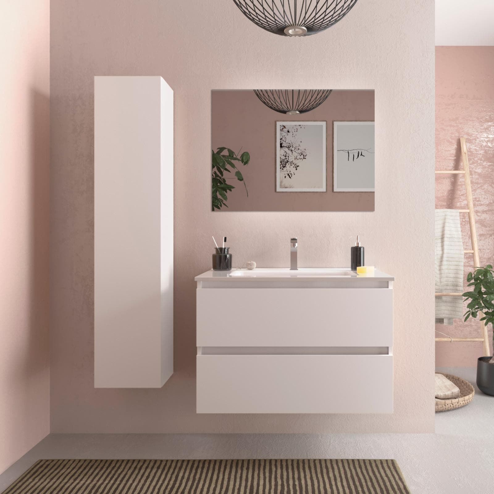 Mobile bagno sospeso 80 cm bianco opaco con lavabo integrato e specchio - Anami