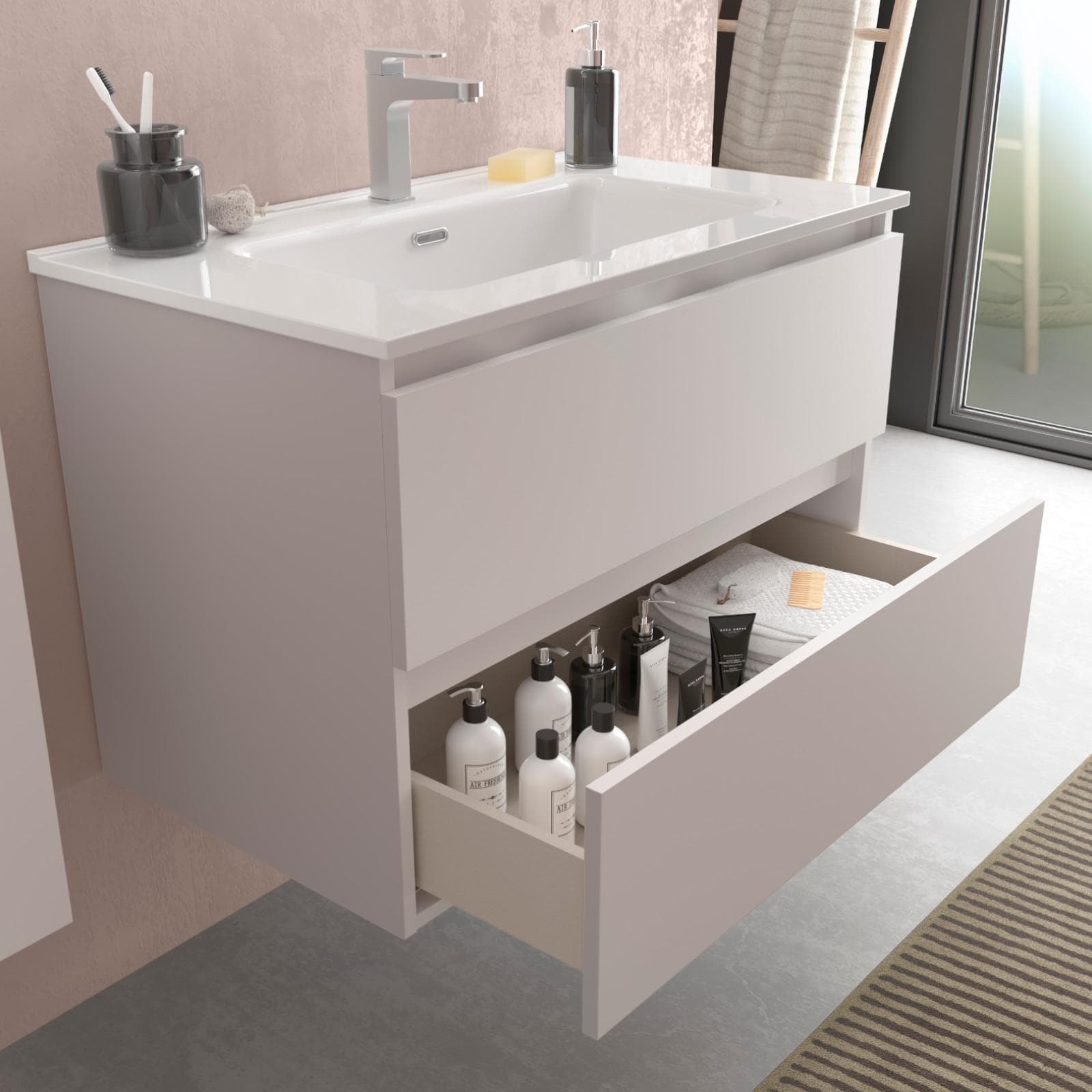 Mobile bagno sospeso 80 cm bianco opaco con lavabo integrato e specchio - Anami