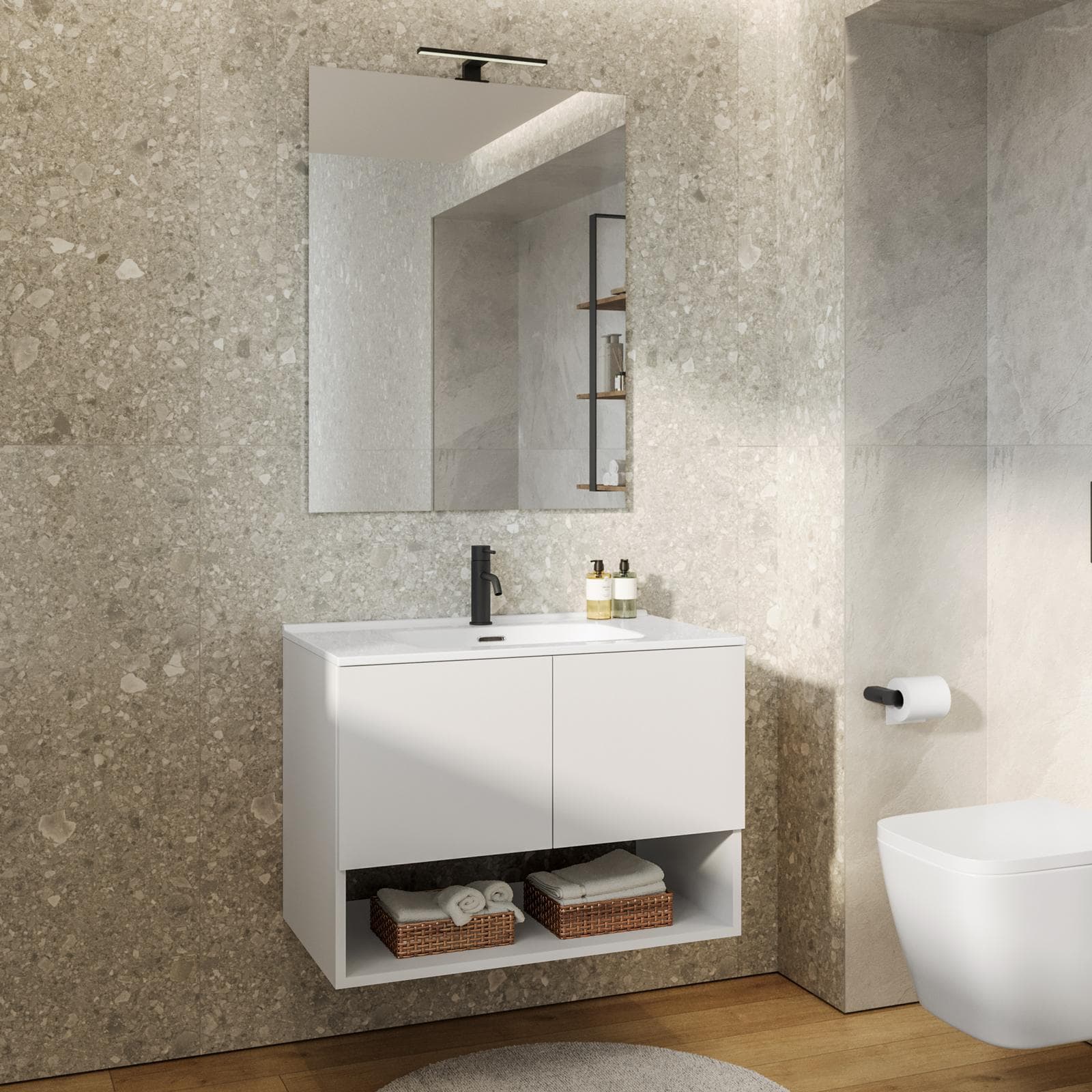Mobile bagno sospeso 80 cm bianco opaco con lavabo integrato e specchio - Lion