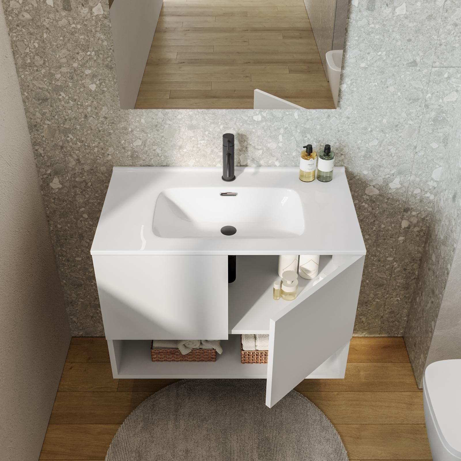 Mobile bagno sospeso 80 cm bianco opaco con lavabo integrato e specchio - Lion
