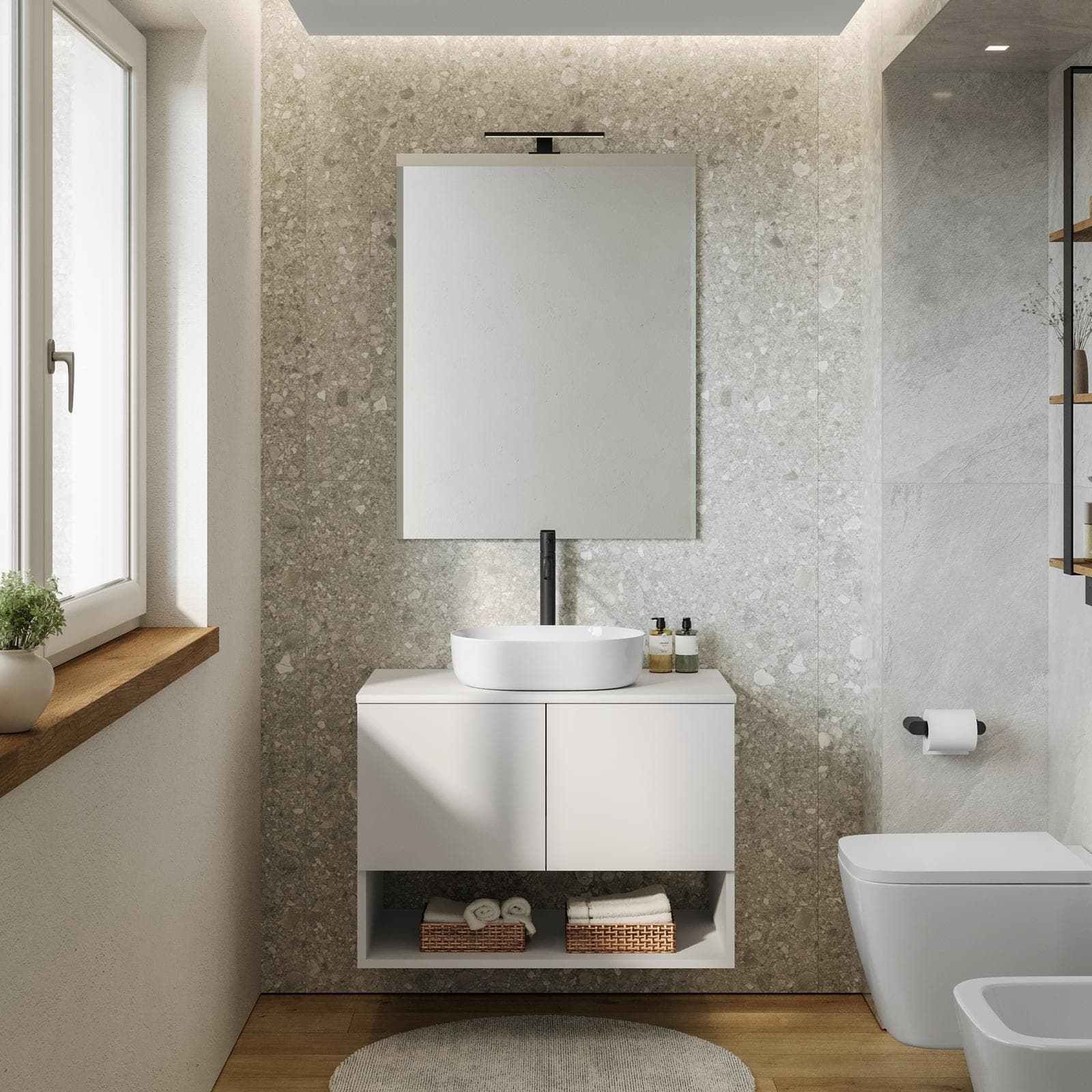 Mobile bagno sospeso 80 cm bianco opaco con top e specchio - Lion