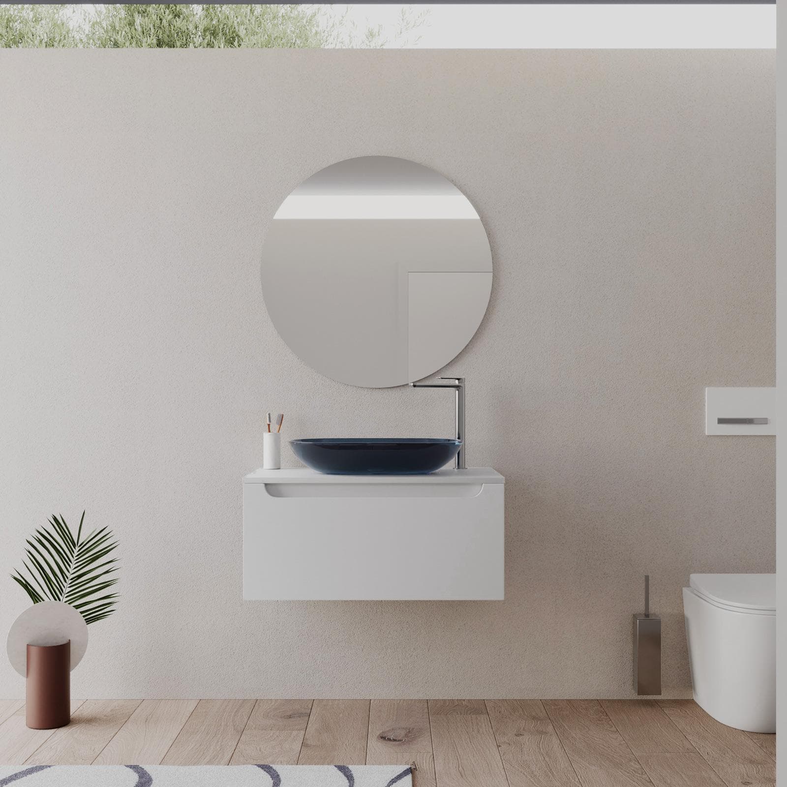 Mobile bagno sospeso 80 cm bianco opaco con top e specchio - Sleek