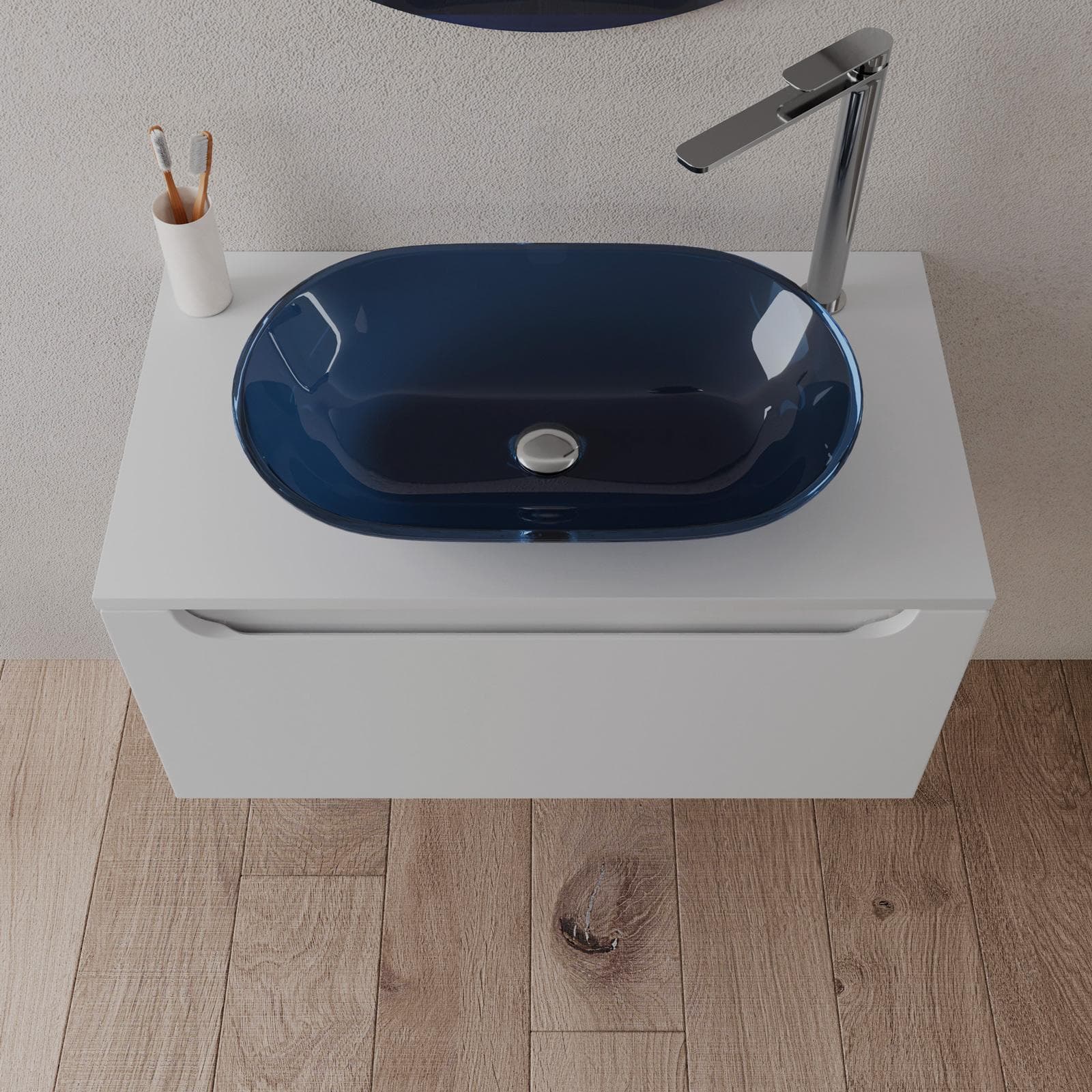 Mobile bagno sospeso 80 cm bianco opaco con top e specchio - Sleek