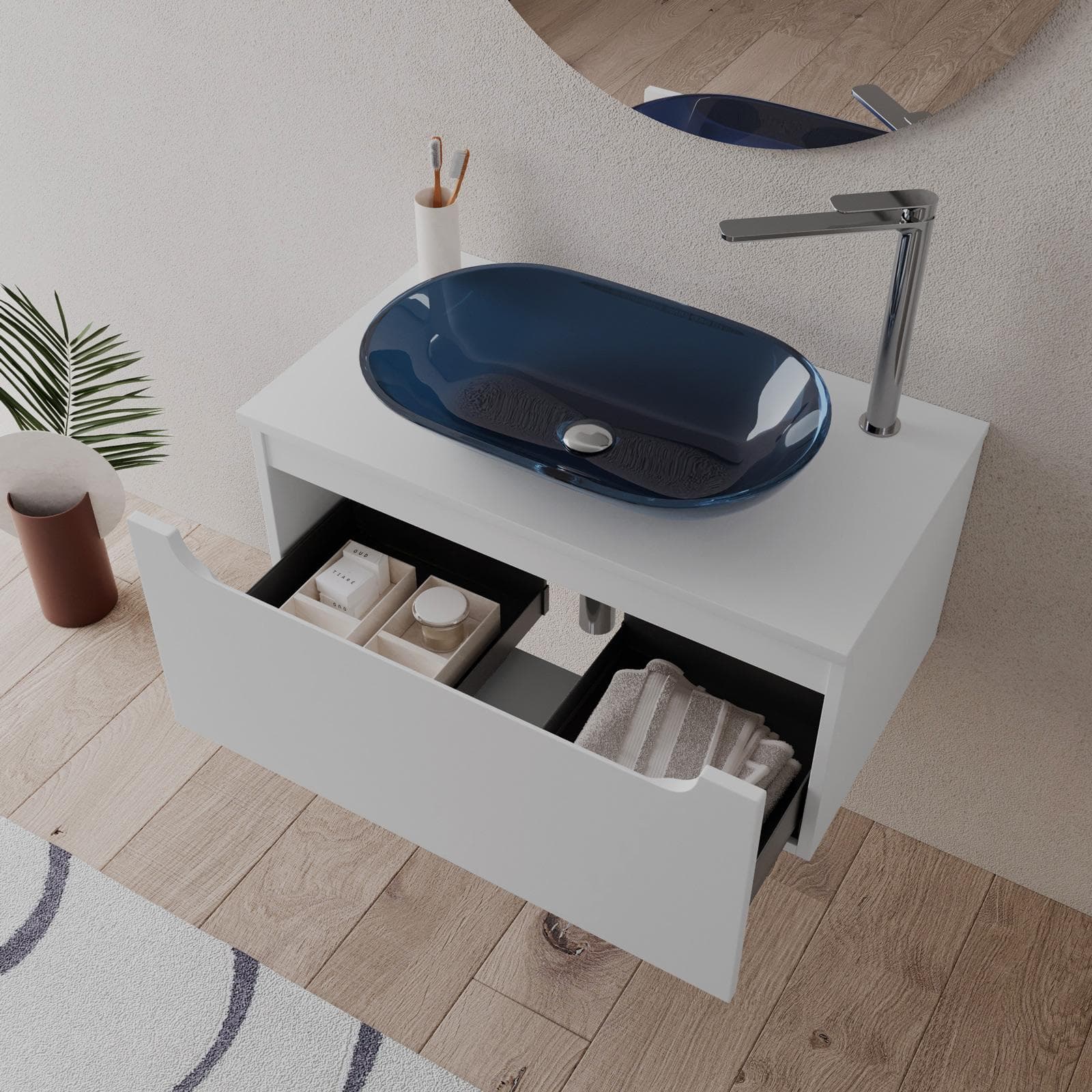 Mobile bagno sospeso 80 cm bianco opaco con top e specchio - Sleek