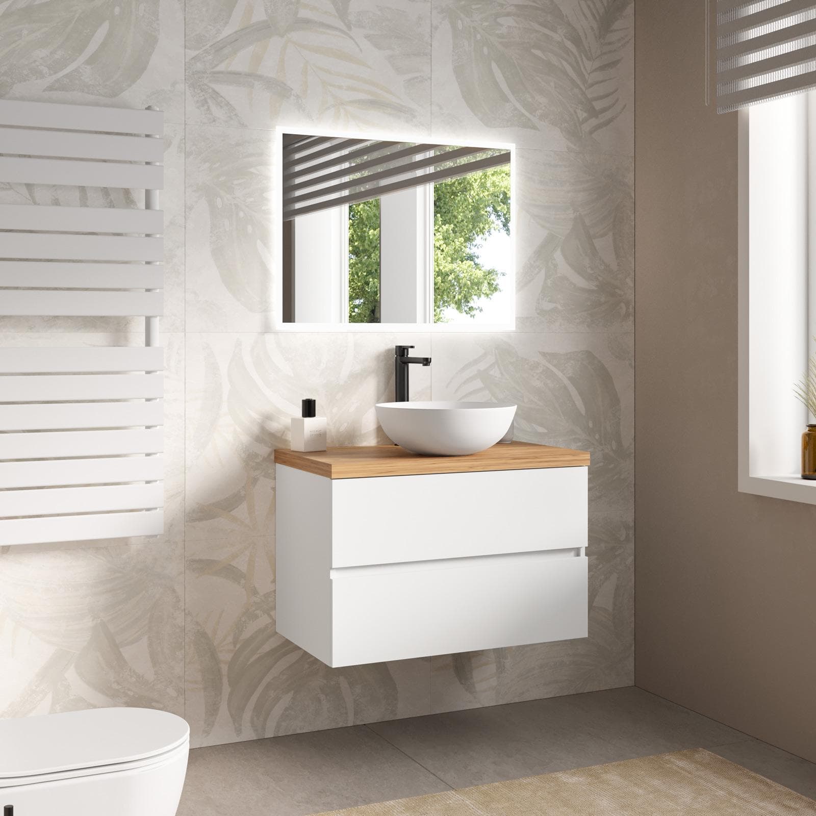 Mobile bagno sospeso 80 cm bianco opaco con top rovere gold e specchio - Cuki