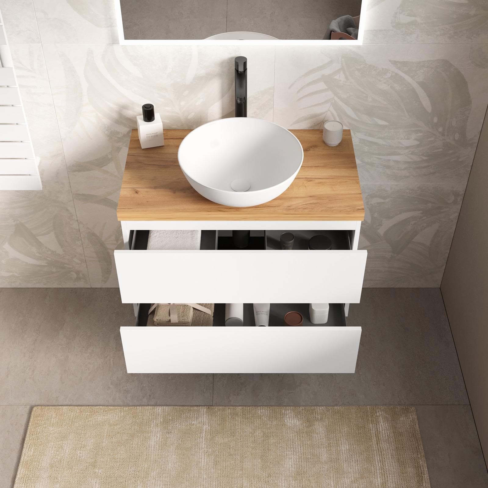 Mobile bagno sospeso 80 cm bianco opaco con top rovere gold e specchio - Cuki