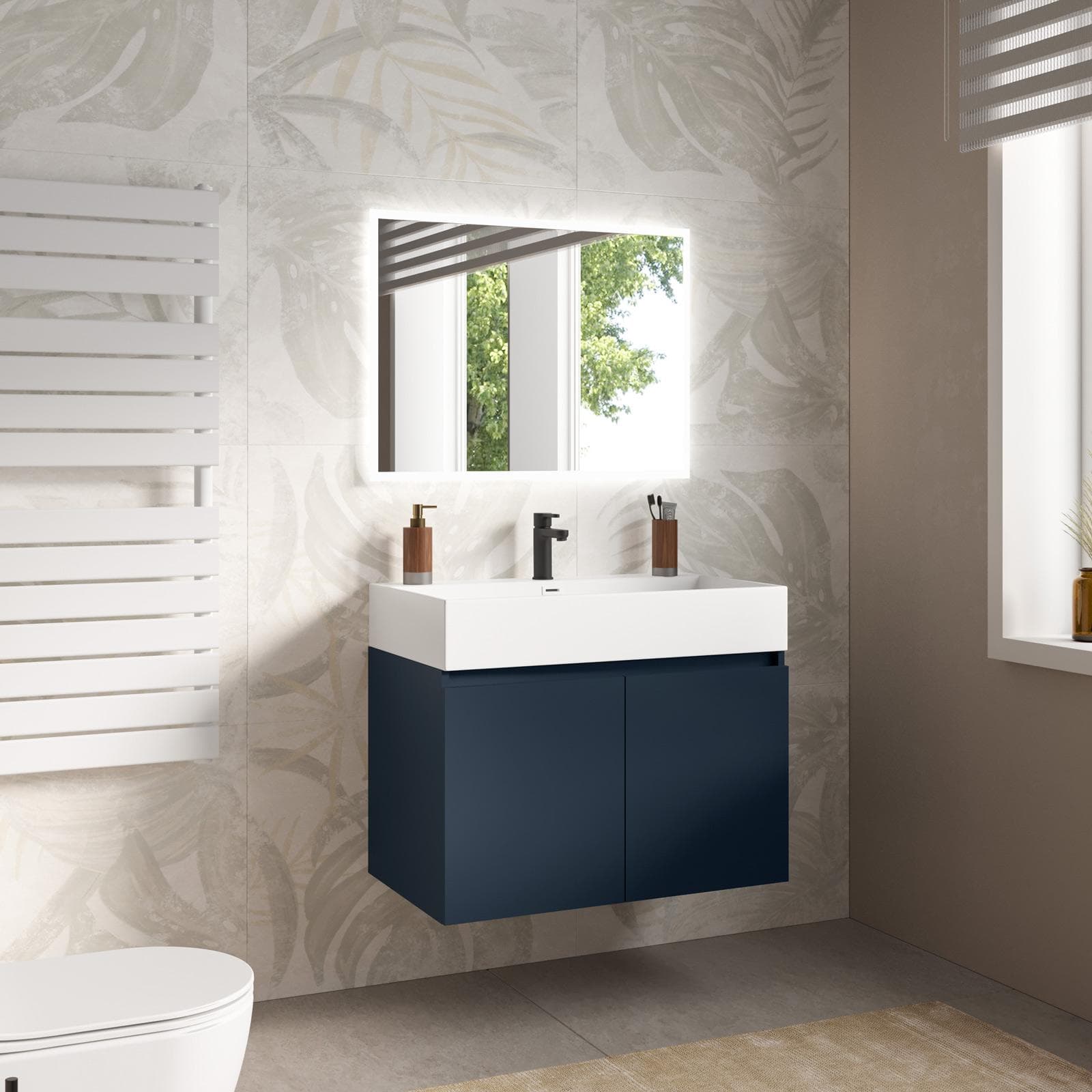 Mobile bagno sospeso 80 cm blu esotico con lavabo integrato e specchio - Cuki