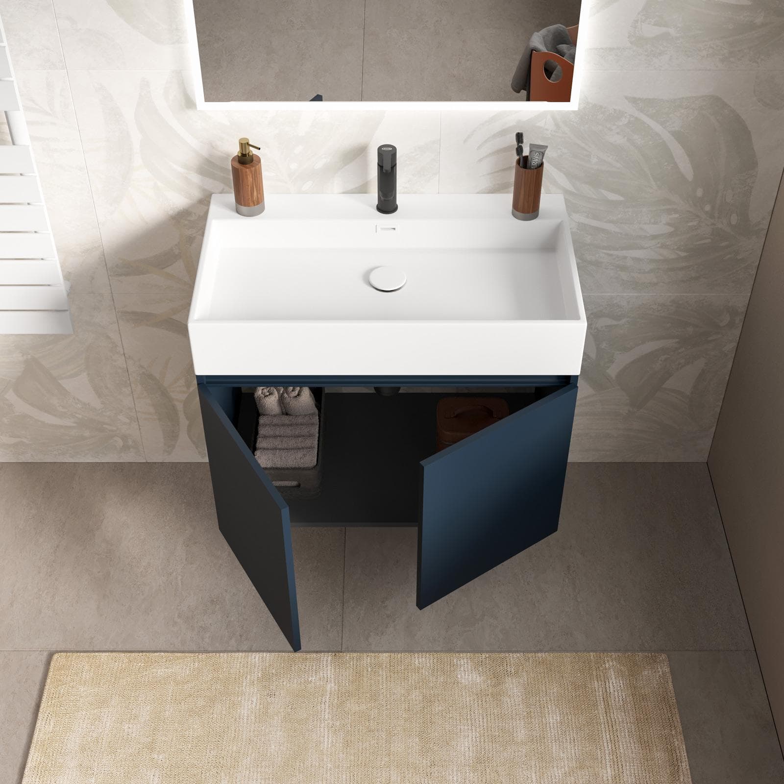 Mobile bagno sospeso 80 cm blu esotico con lavabo integrato e specchio - Cuki