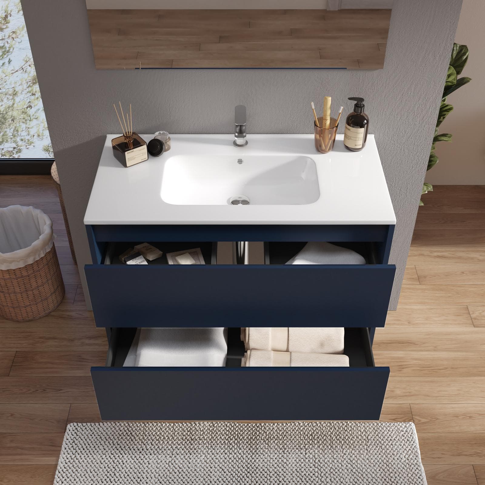 Mobile bagno sospeso 80 cm blu satinato con cassetti e lavabo con specchio - Medora