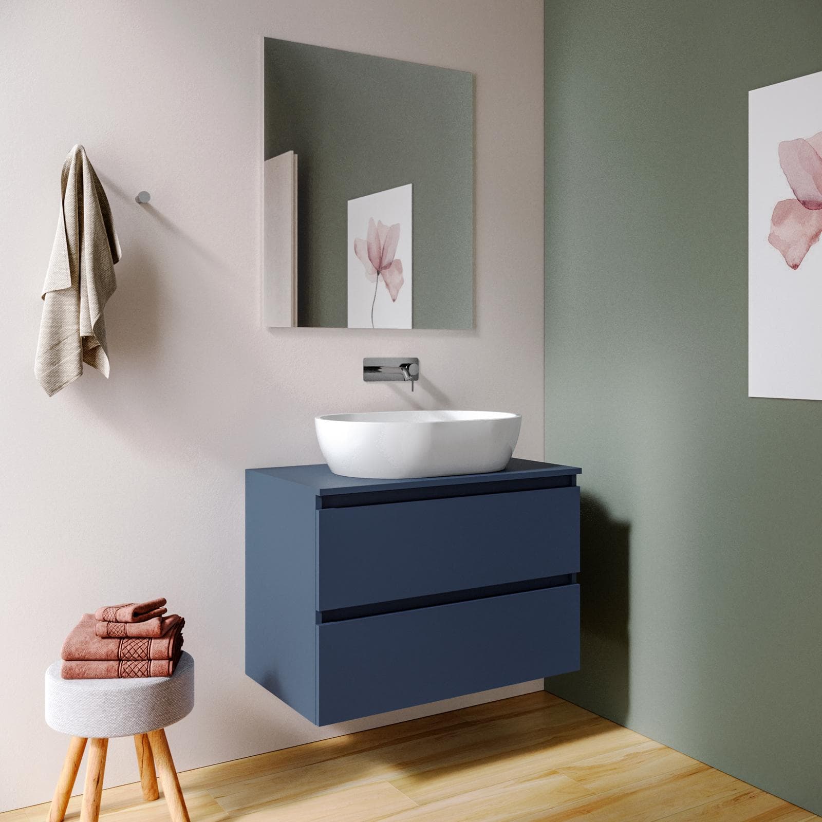 Mobile bagno sospeso 80 cm blu satinato con top e specchio - Anami