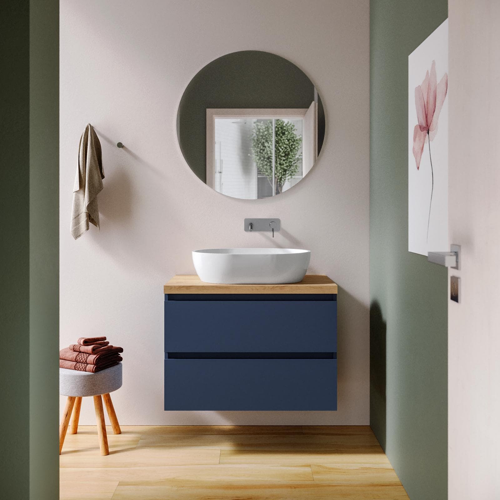 Mobile bagno sospeso 80 cm blu satinato con top rovere gold e specchio - Anami