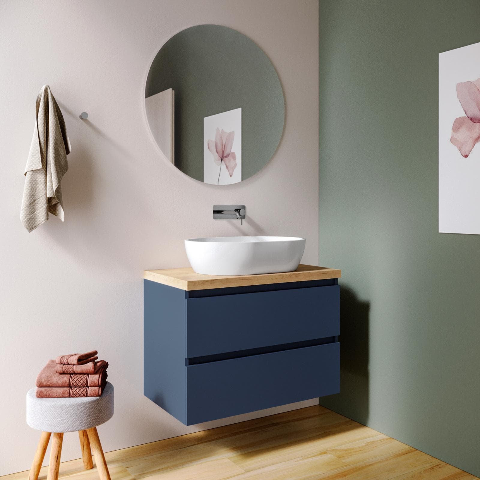 Mobile bagno sospeso 80 cm blu satinato con top rovere gold e specchio - Anami