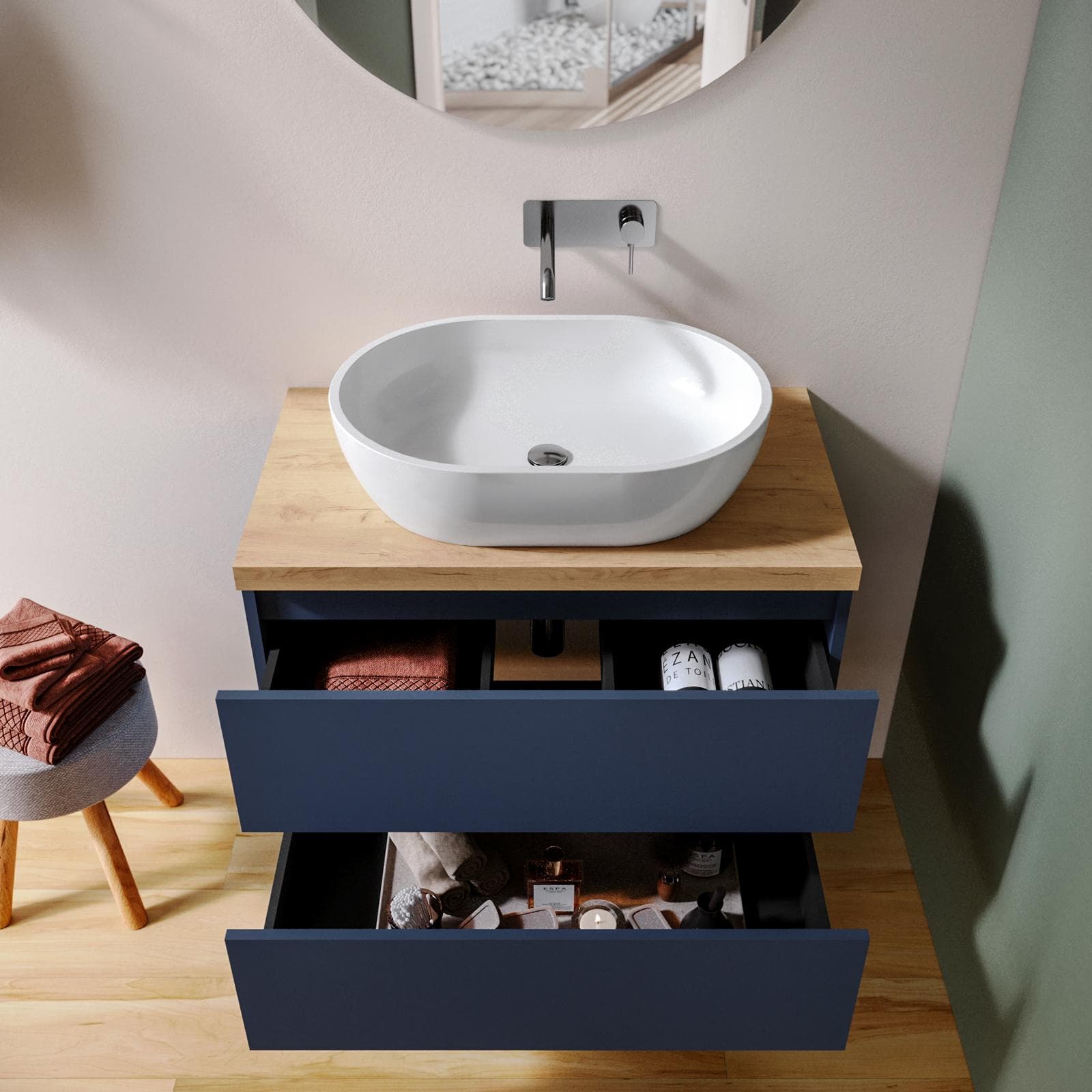 Mobile bagno sospeso 80 cm blu satinato con top rovere gold e specchio - Anami