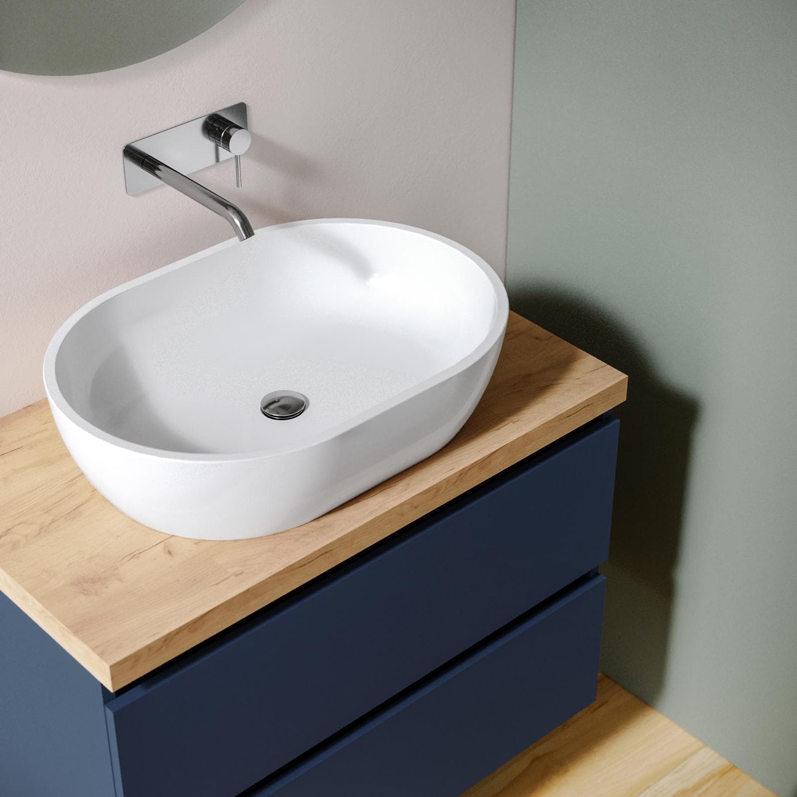 Mobile bagno sospeso 80 cm blu satinato con top rovere gold e specchio - Anami
