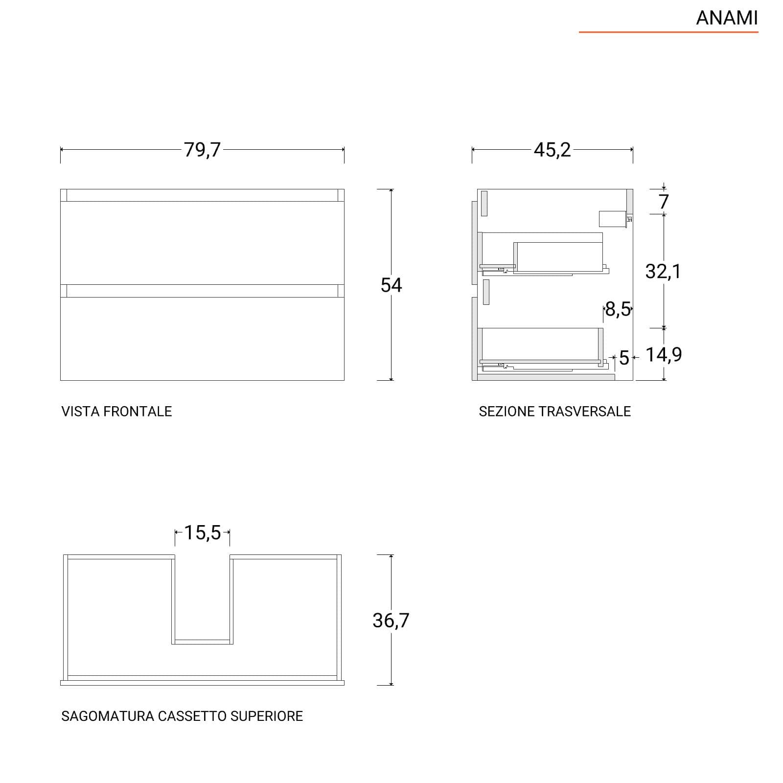 Mobile bagno sospeso 80 cm blu satinato con top rovere gold e specchio - Anami