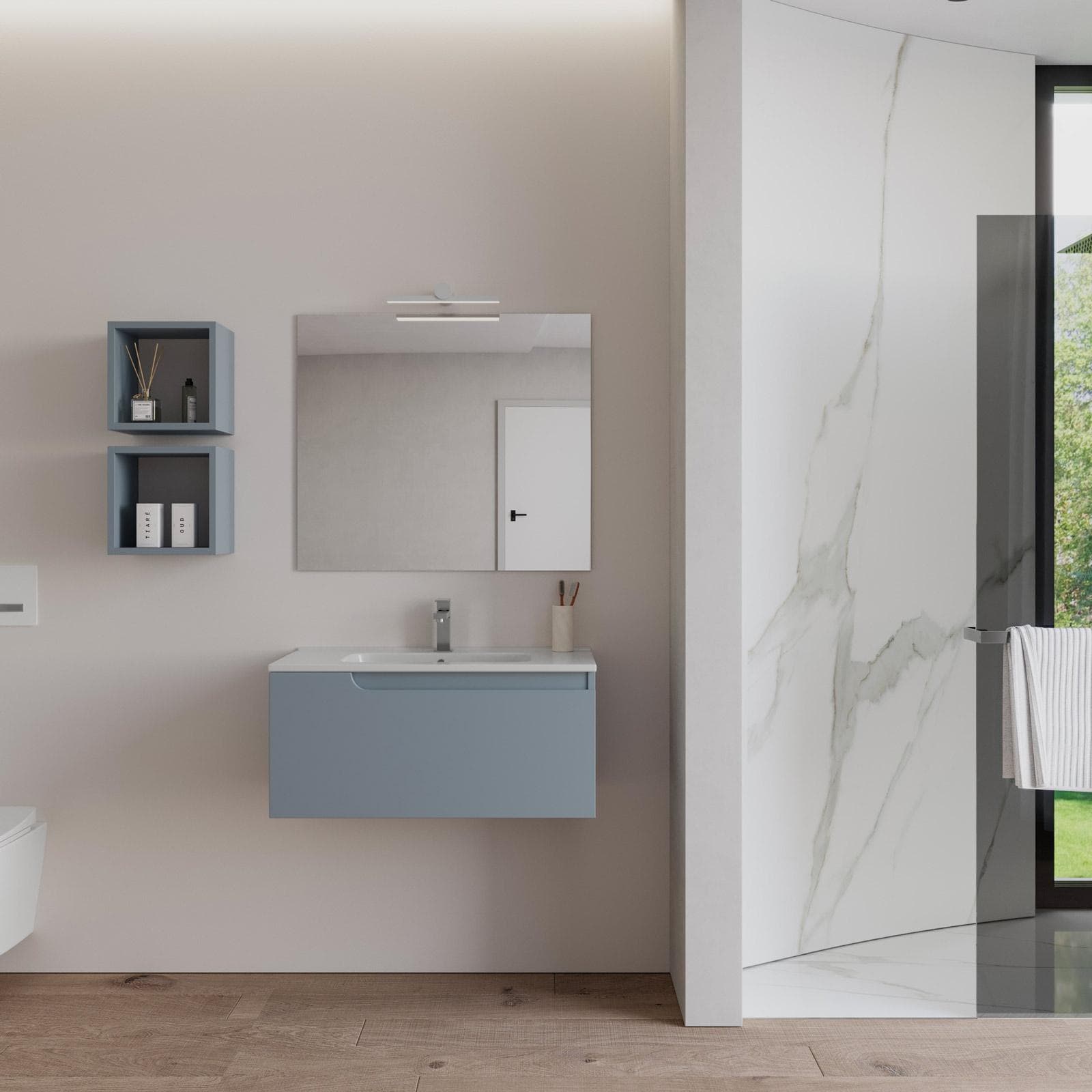 Mobile bagno sospeso 80 cm carta da zucchero con lavabo e specchio - Agave