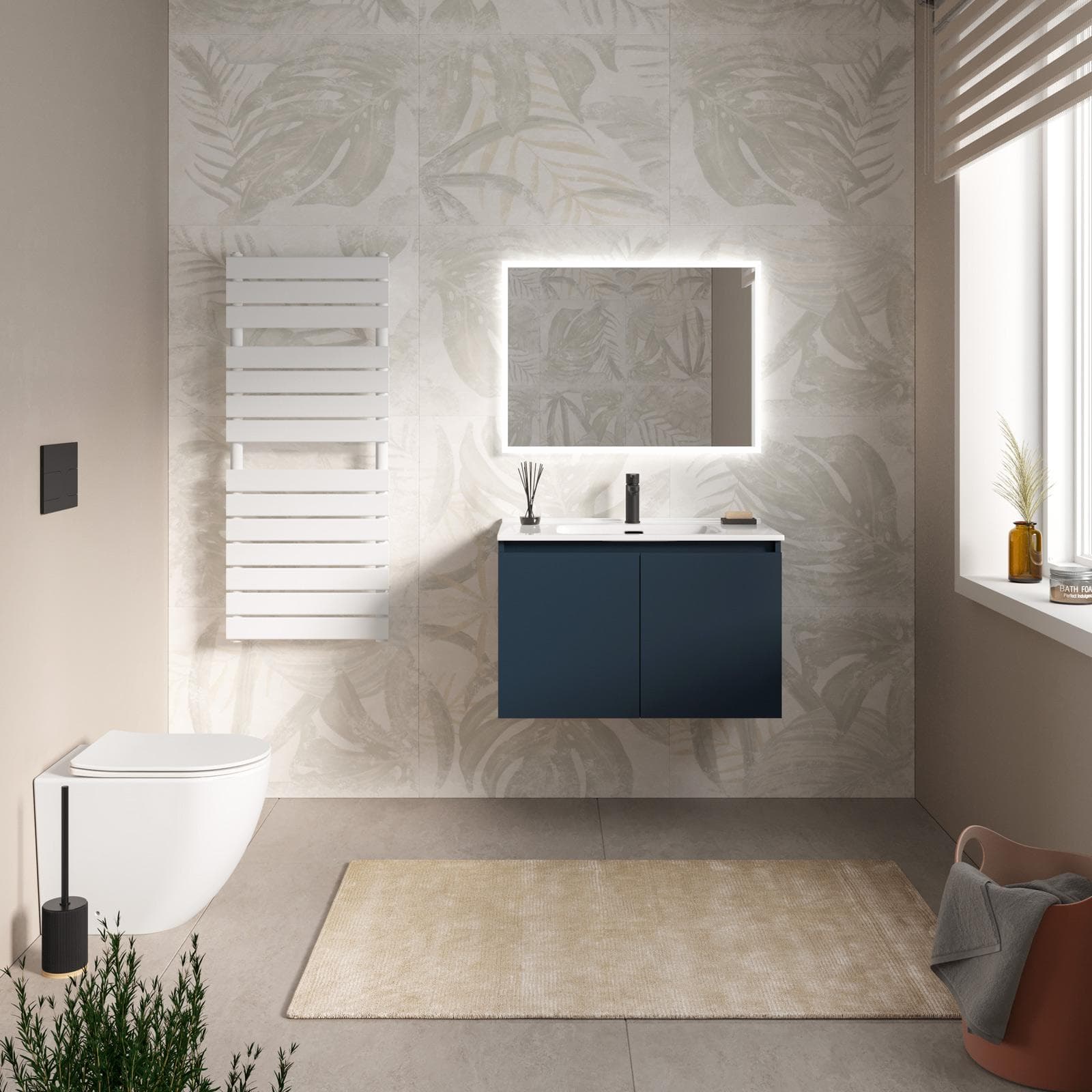 Mobile bagno sospeso con ante 80 cm blu esotico con lavabo e specchio - Cuki