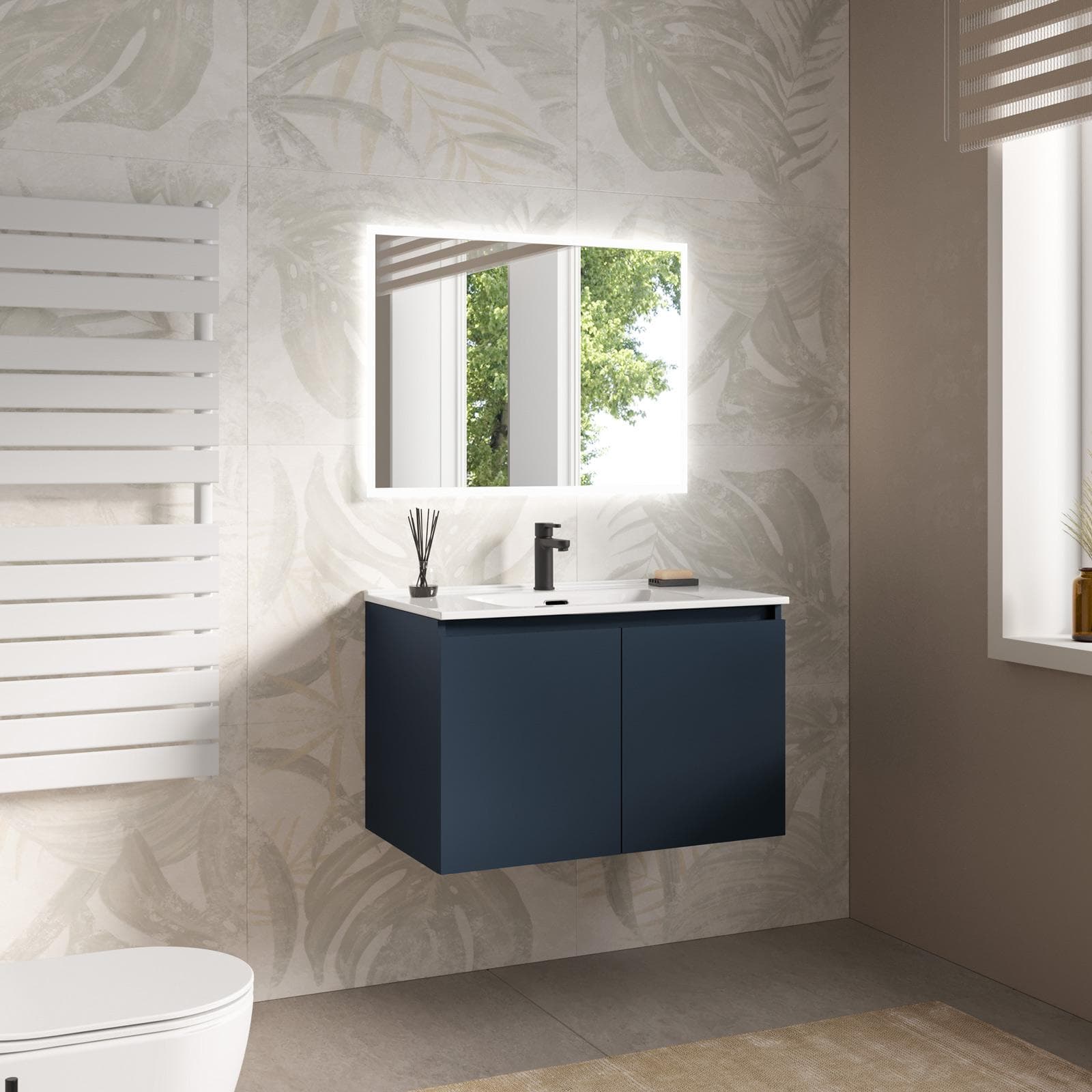 Mobile bagno sospeso con ante 80 cm blu esotico con lavabo e specchio - Cuki