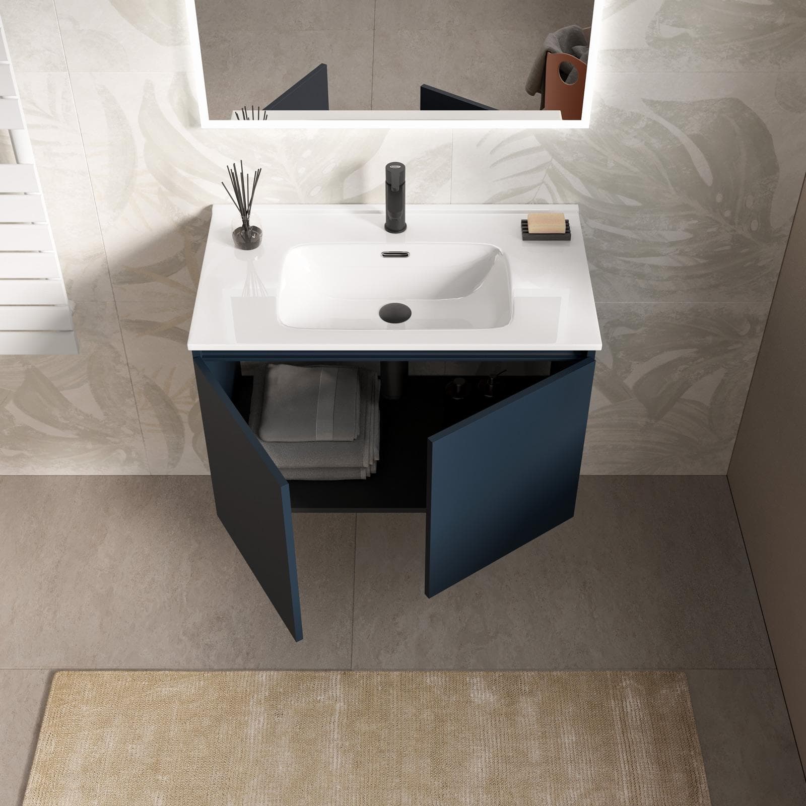 Mobile bagno sospeso con ante 80 cm blu esotico con lavabo e specchio - Cuki