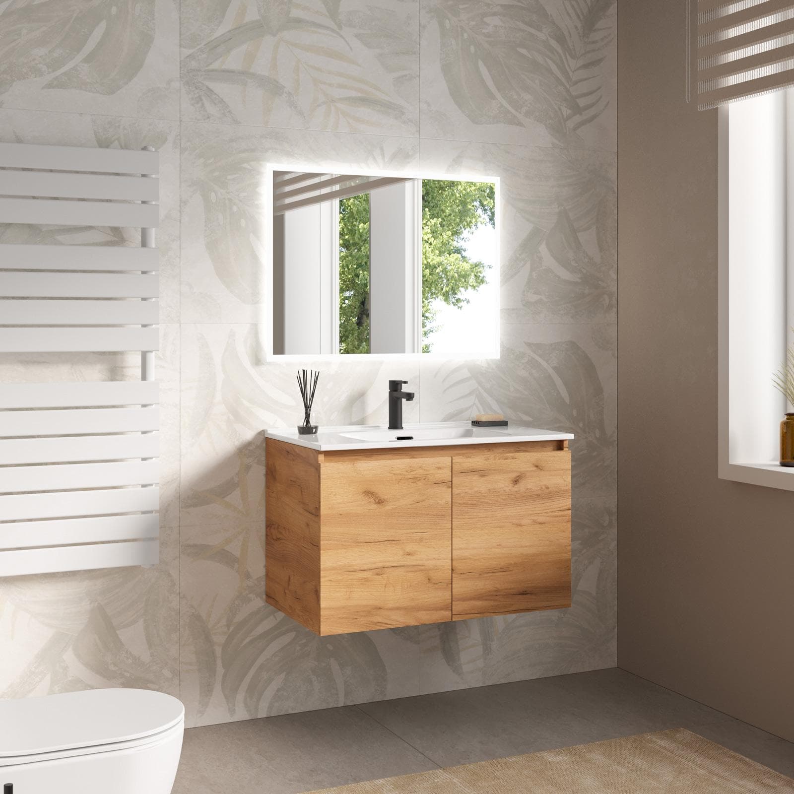 Mobile bagno sospeso con ante 80 cm rovere gold con lavabo e specchio - Cuki