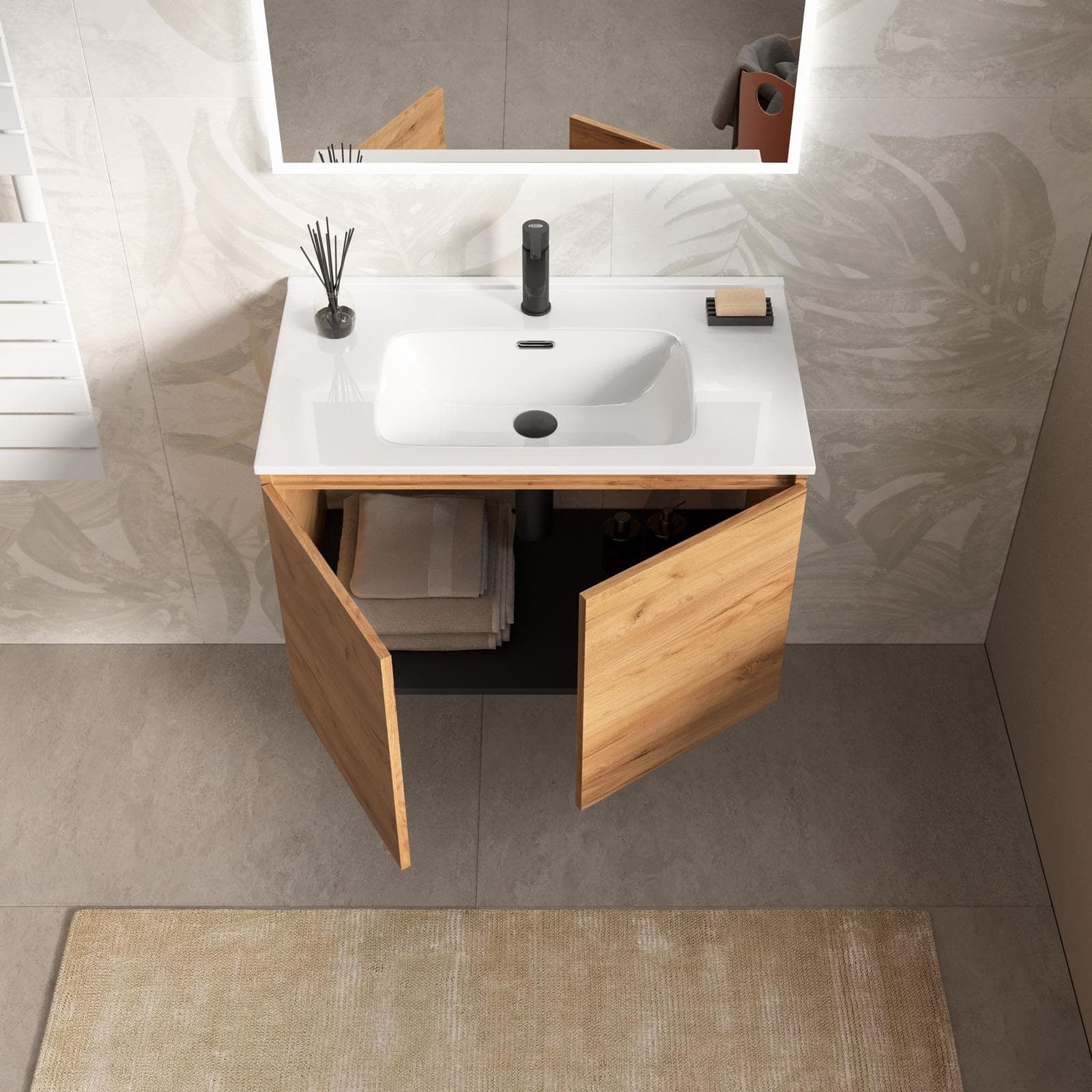 Mobile bagno sospeso con ante 80 cm rovere gold con lavabo e specchio - Cuki