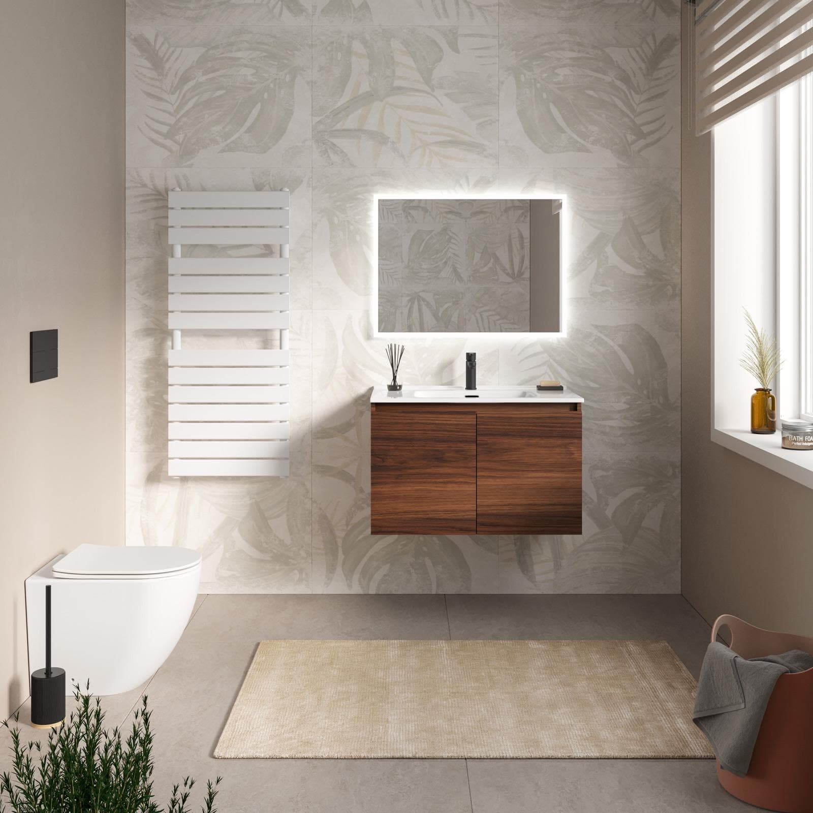 Mobile bagno sospeso con ante 80 cm rovere deciso con lavabo e specchio - Cuki